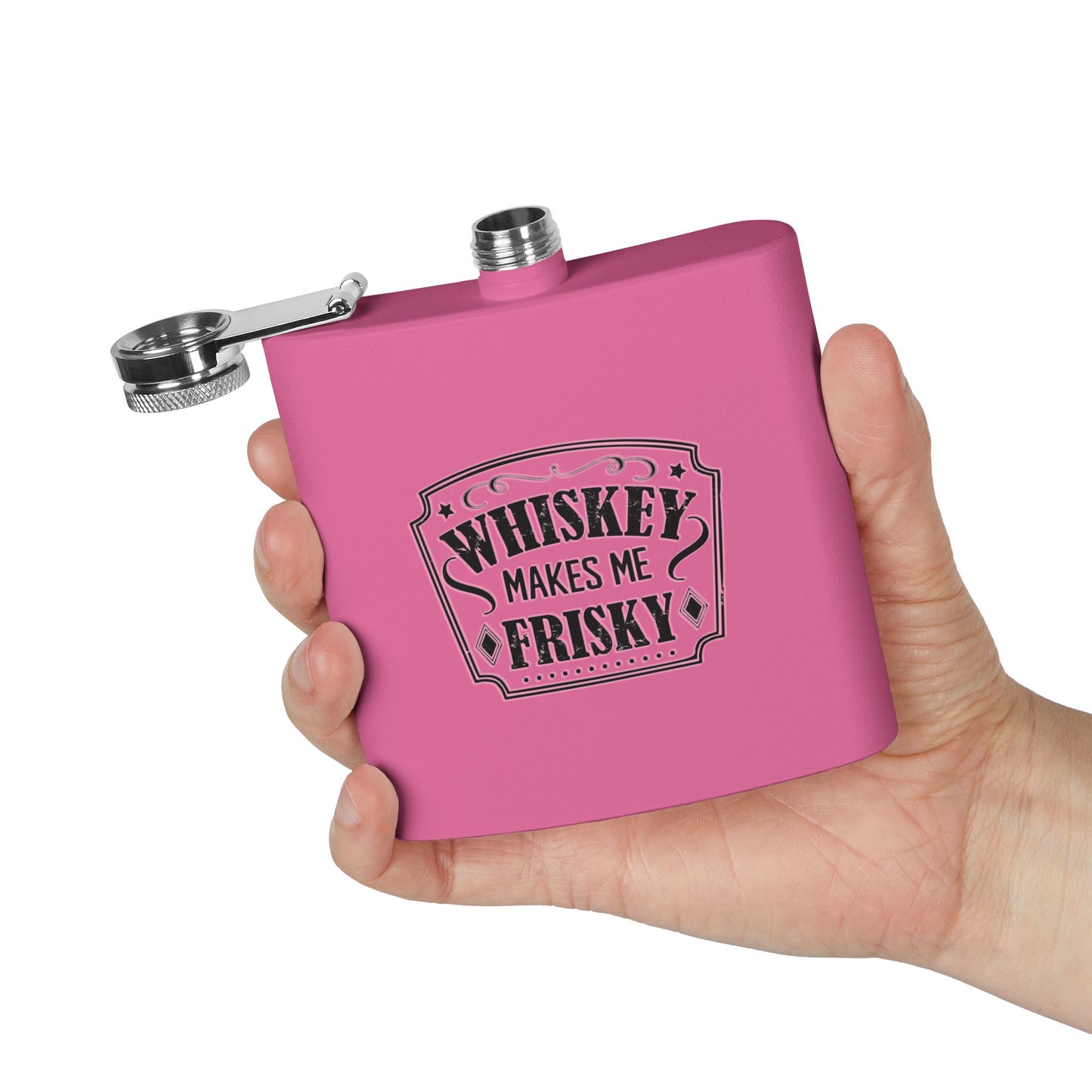 Whiskey Flask Gift for Wedding Party - 6oz Stainless Steel Flask with 'Whiskey Makes Me Frisky' Design