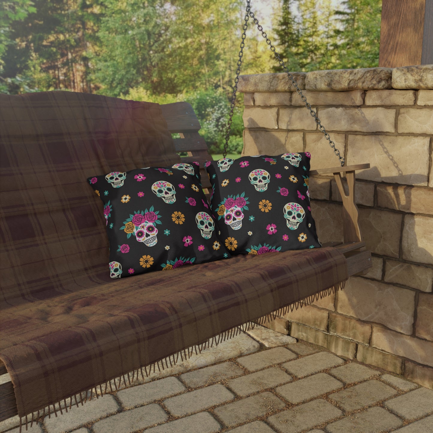 Colorful Skull Decorative Outdoor Pillows, Bohemian Patio Decor, Dia de los Muertos Accent Cushions, Garden Pillows, Vibrant Home Decor