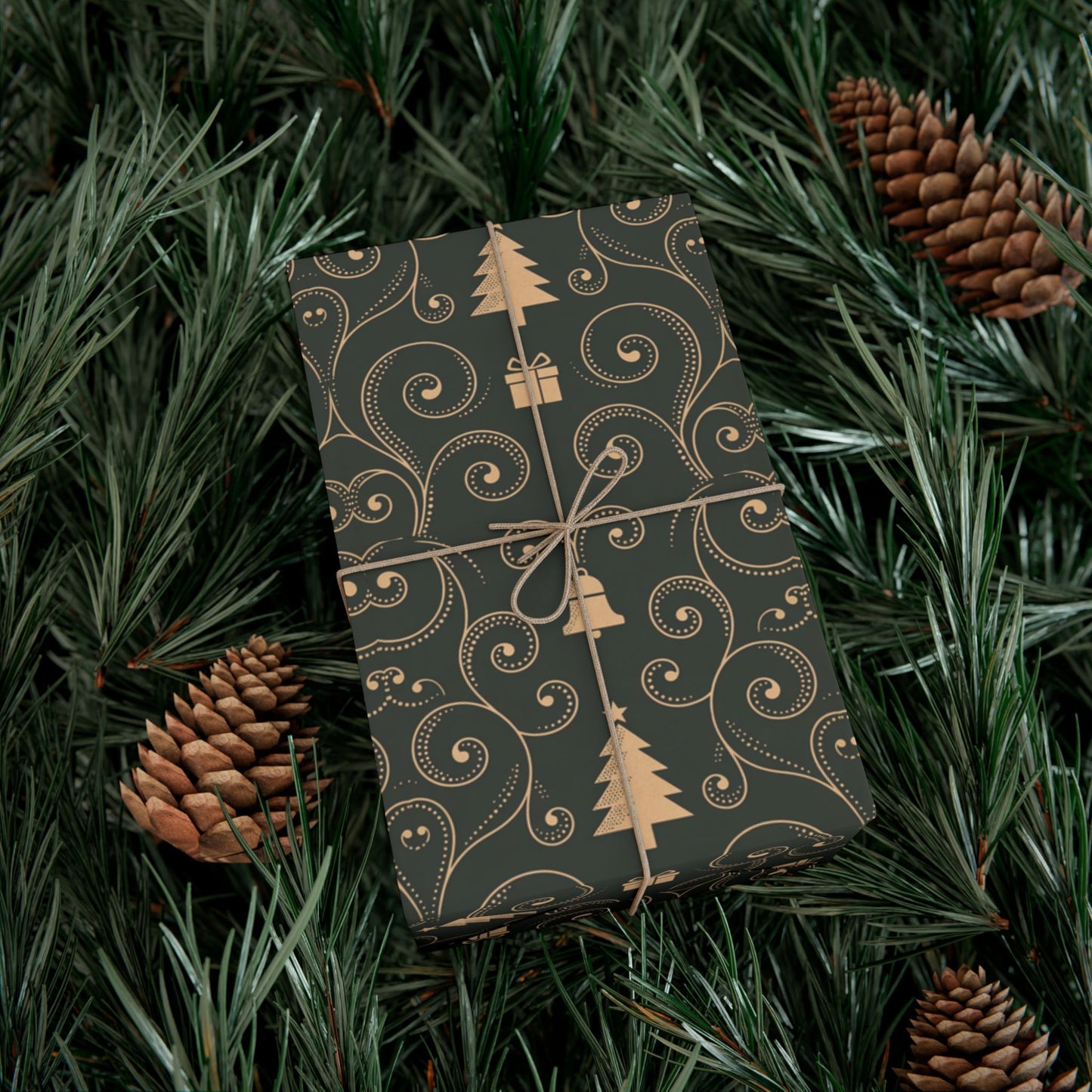 Christmas Tree & Bell Pattern Gift Wrap Paper — Elegant Dark Green Holiday Wrapping