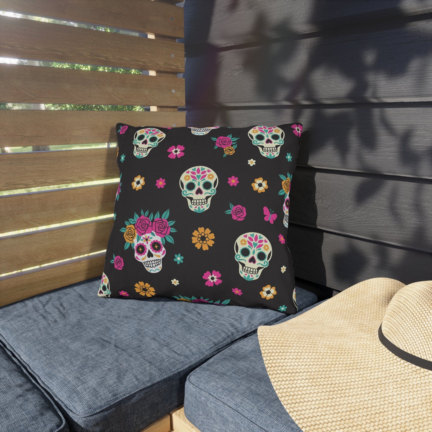 Colorful Skull Decorative Outdoor Pillows, Bohemian Patio Decor, Dia de los Muertos Accent Cushions, Garden Pillows, Vibrant Home Decor