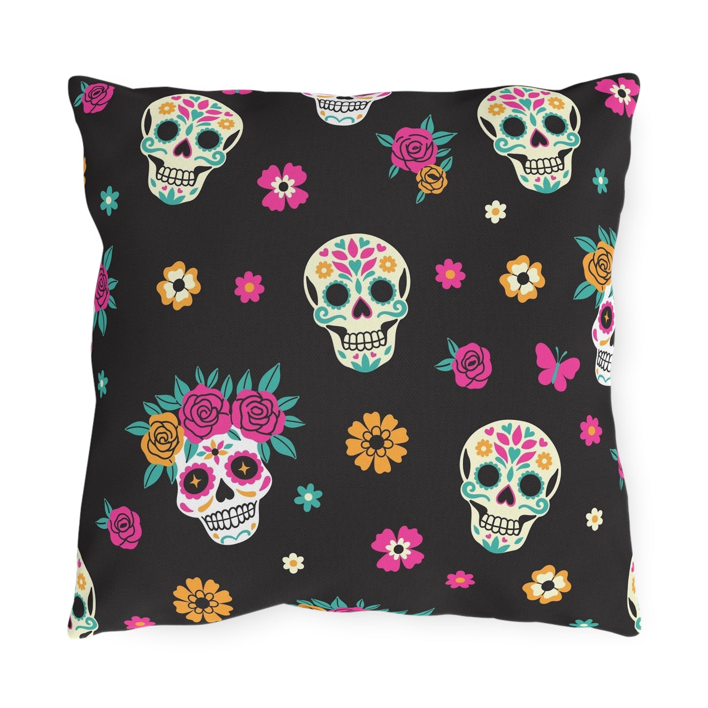 Colorful Skull Decorative Outdoor Pillows, Bohemian Patio Decor, Dia de los Muertos Accent Cushions, Garden Pillows, Vibrant Home Decor