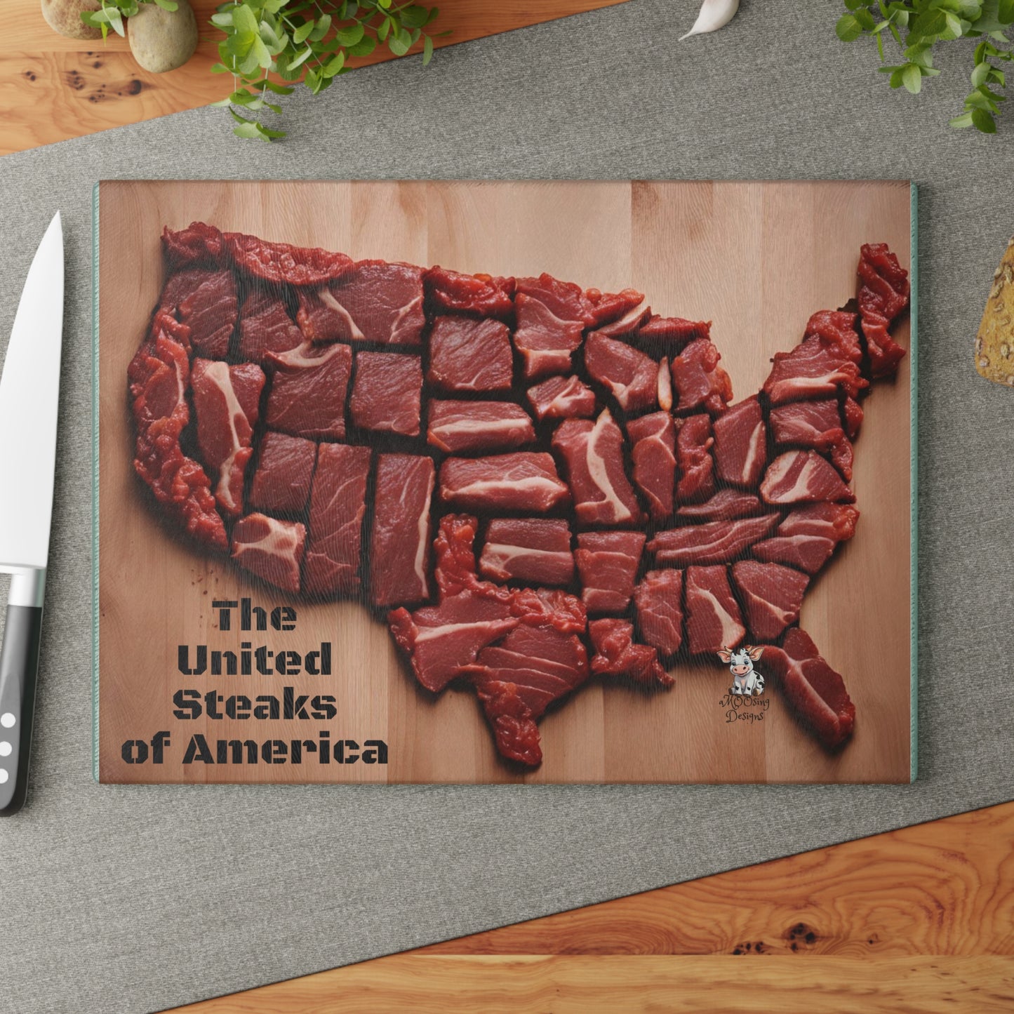United Steaks of America Glass Cutting Board - Fun Culinary Gift for Meat Lovers - aMOOsing Designs