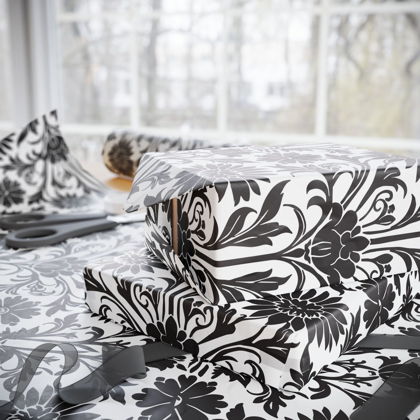 Elegant Floral Wrapping Paper - Black & White Gift Wrap Perfect for Weddings, Anniversaries and Other Romantic Occasions