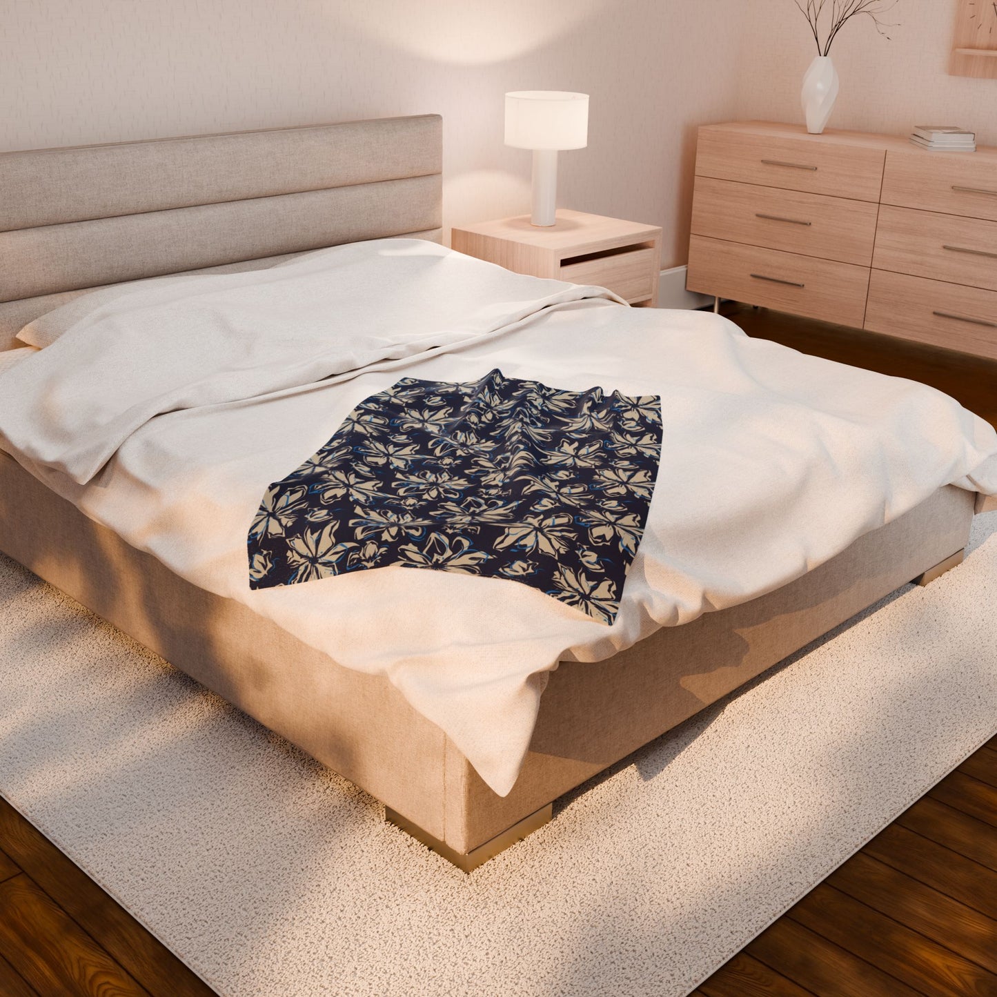 Navy Floral Velveteen Plush Blanket, Cozy Throw for Home, Perfect Gift for Birthdays, Holidays, Living Room Decor, Soft Blanket