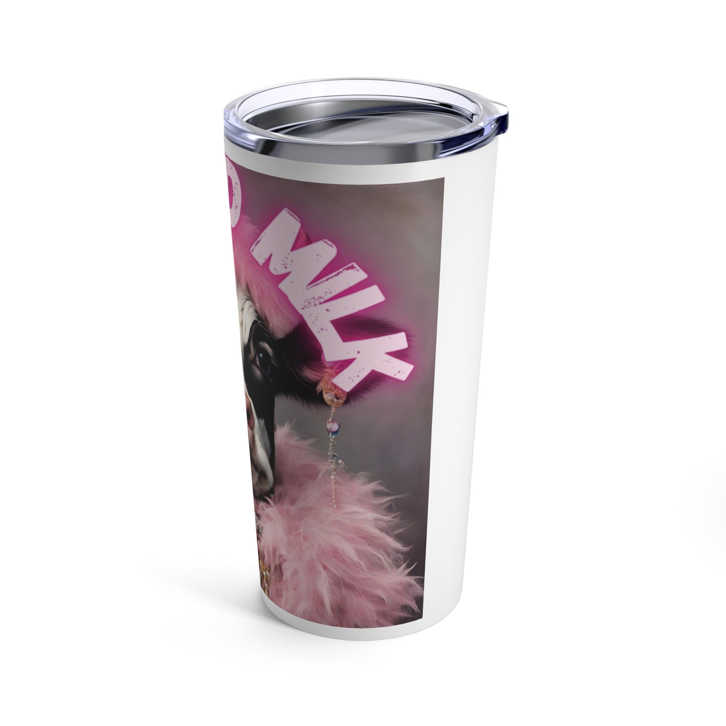 Funny pink tumbler featuring a spoiled milk cow design, perfect for adding humor to your drinkware collection.