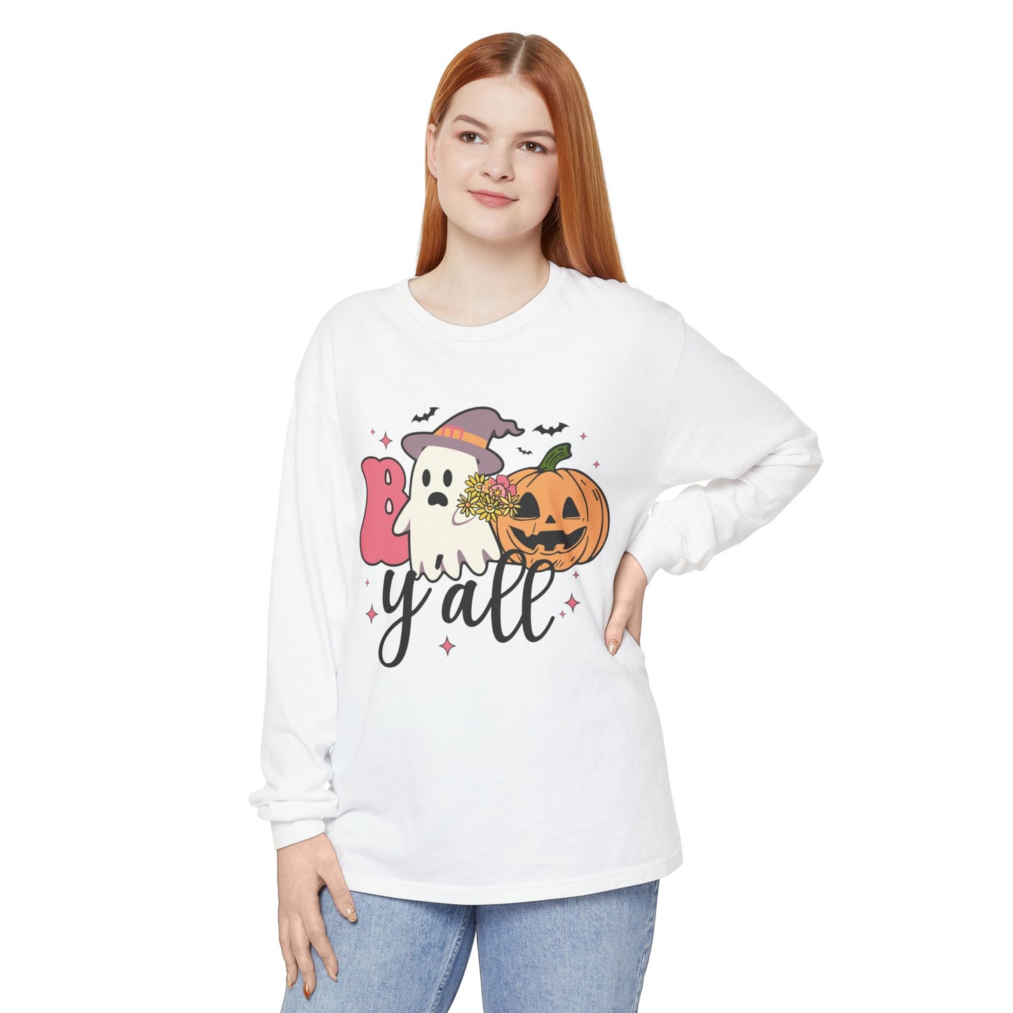 BOO Y'all Halloween Long Sleeve Tee, Cozy Fall Shirt, Unisex Ghost T-Shirt, Pumpkin Graphic Top, Perfect for Halloween Parties