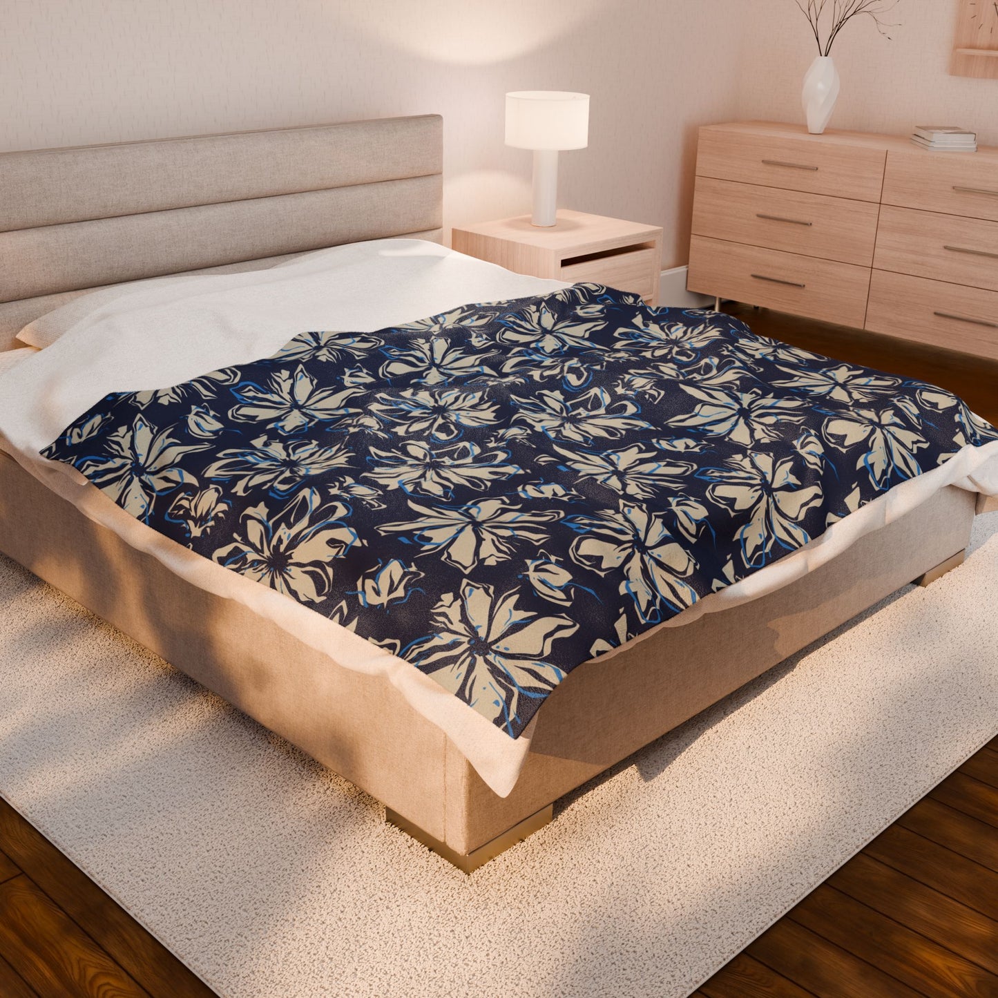 Navy Floral Velveteen Plush Blanket, Cozy Throw for Home, Perfect Gift for Birthdays, Holidays, Living Room Decor, Soft Blanket
