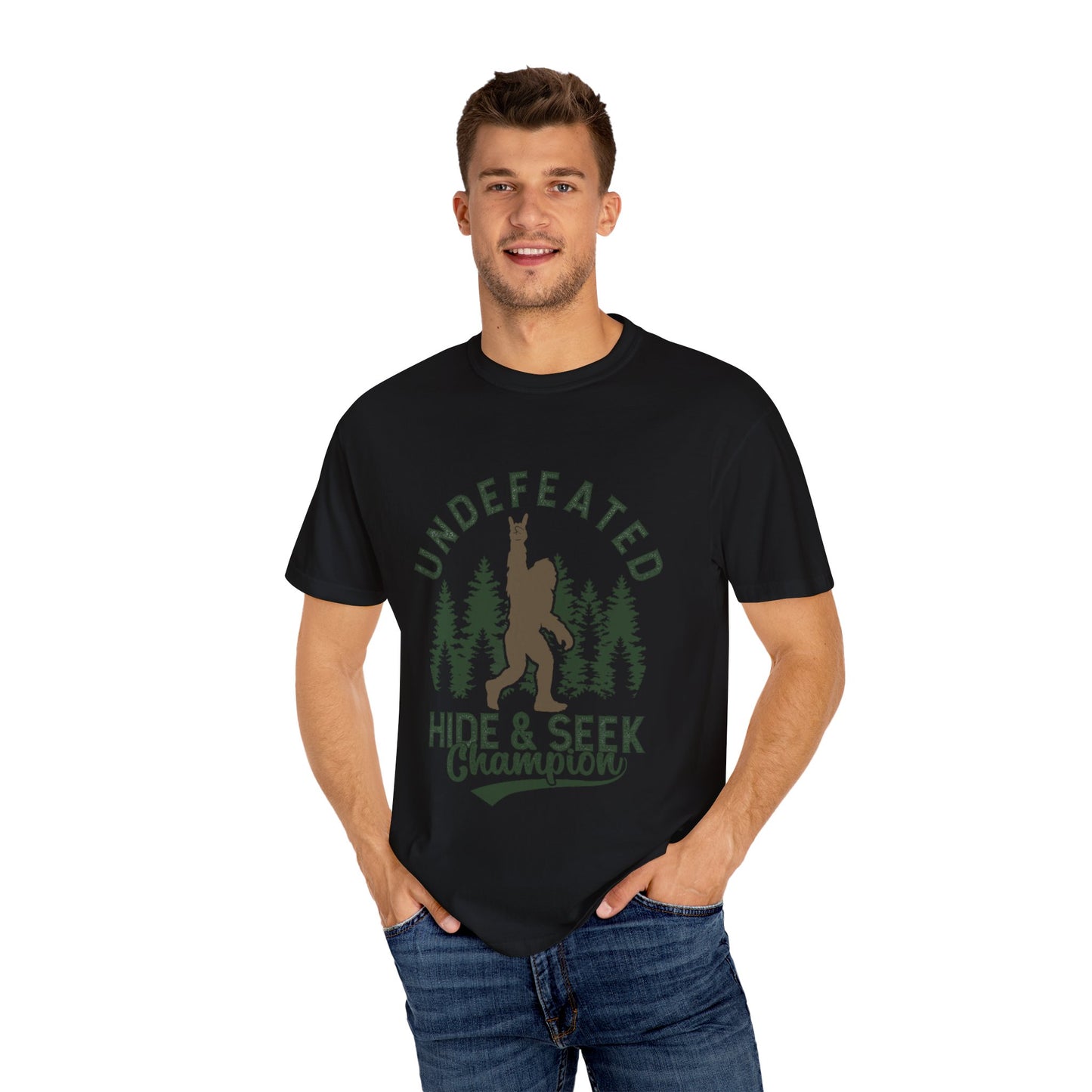 Undefeated Hide & Seek Champion T-shirt, Funny Outdoor Adventure Tee, Nature Lover Gift, Big Foot Shirt, Unisex Garment-Dyed, Adventure