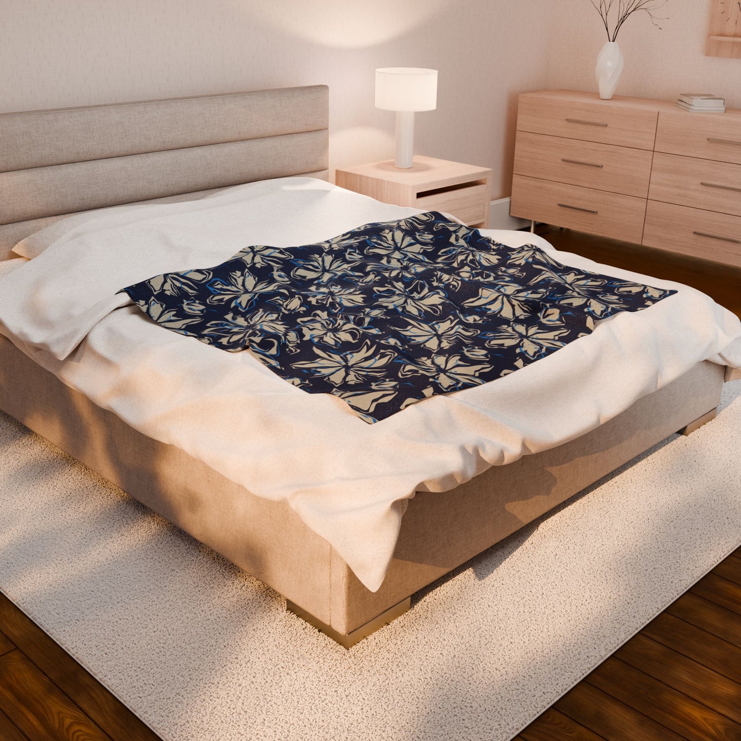 Navy Floral Velveteen Plush Blanket, Cozy Throw for Home, Perfect Gift for Birthdays, Holidays, Living Room Decor, Soft Blanket