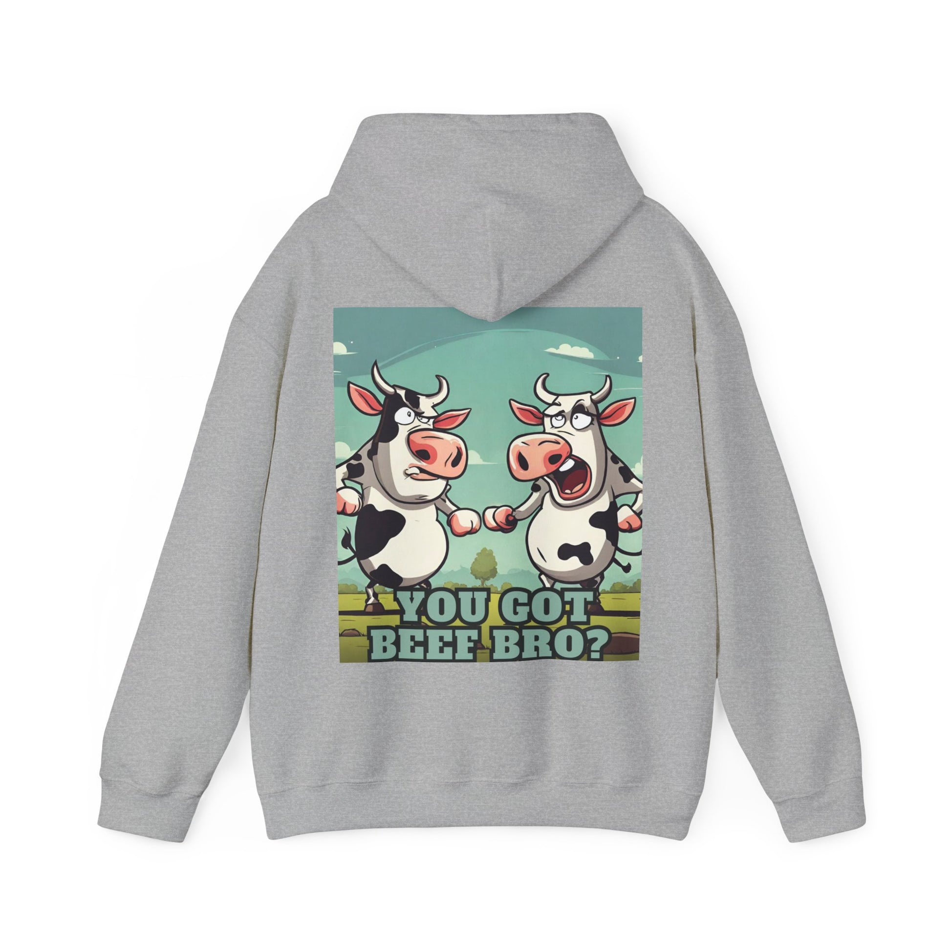 Sport grey hooded sweatshirt with funny cows rear view