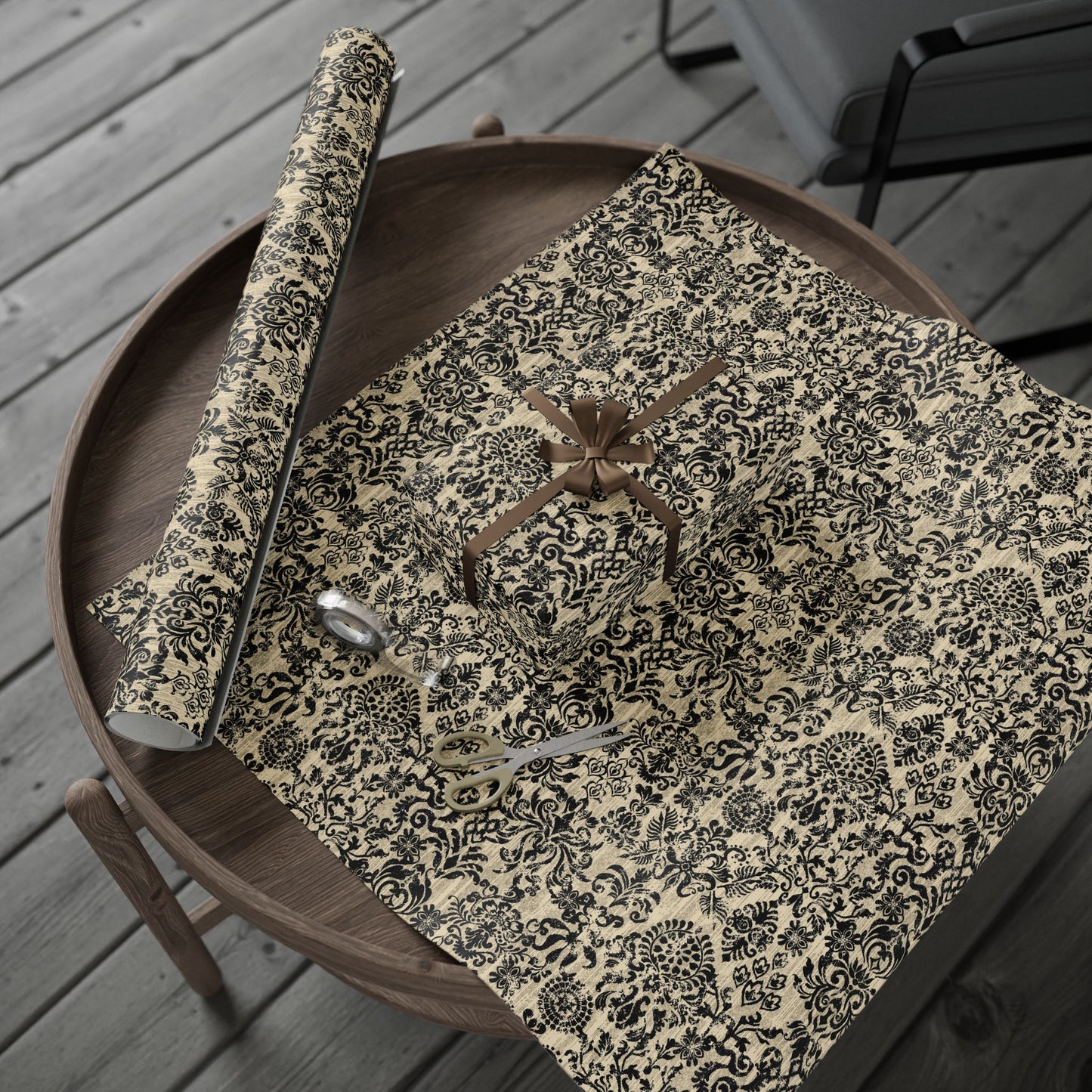 Elegant Vintage Black Damask Wrapping Paper Roll, Handmade Gift Wrap for Weddings, Birthdays, Holidays, Special Occasions, Eco-Friendly