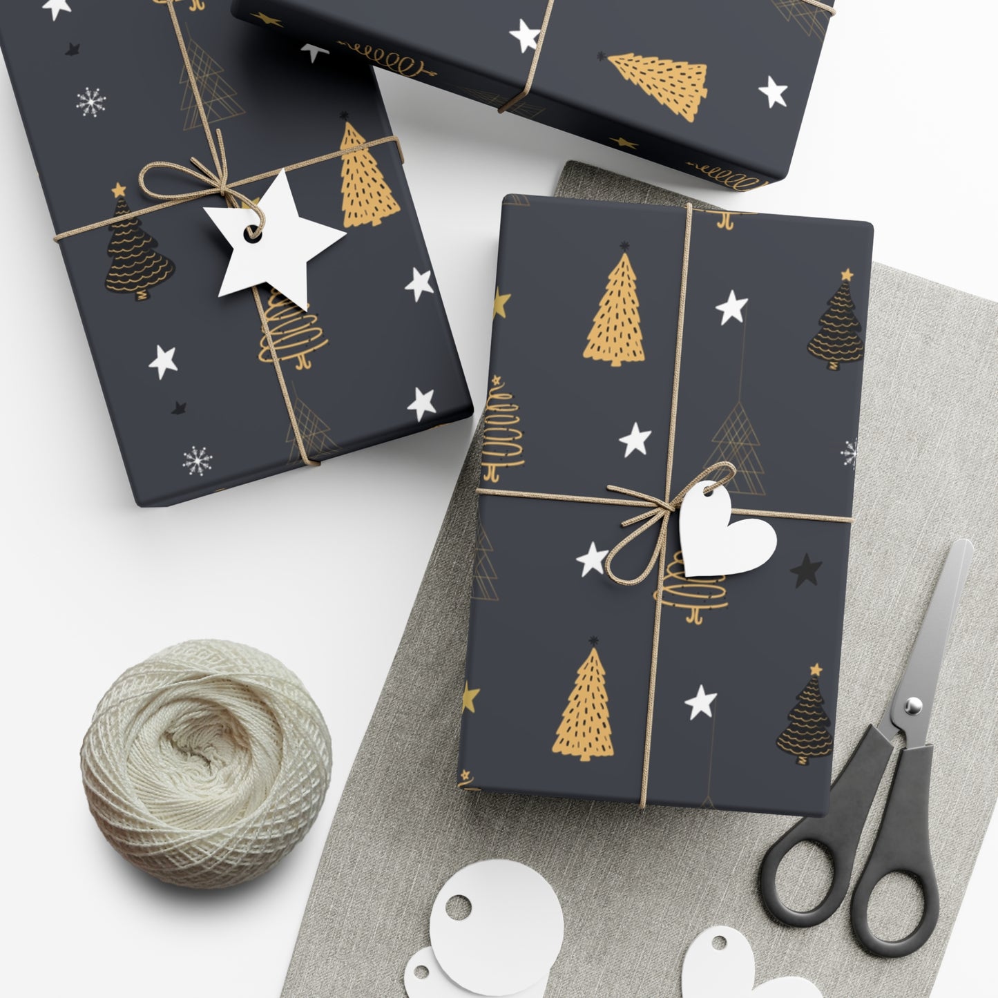 Elegant Black & Gold Holiday Gift Wrap Paper - Christmas Tree & Star Design