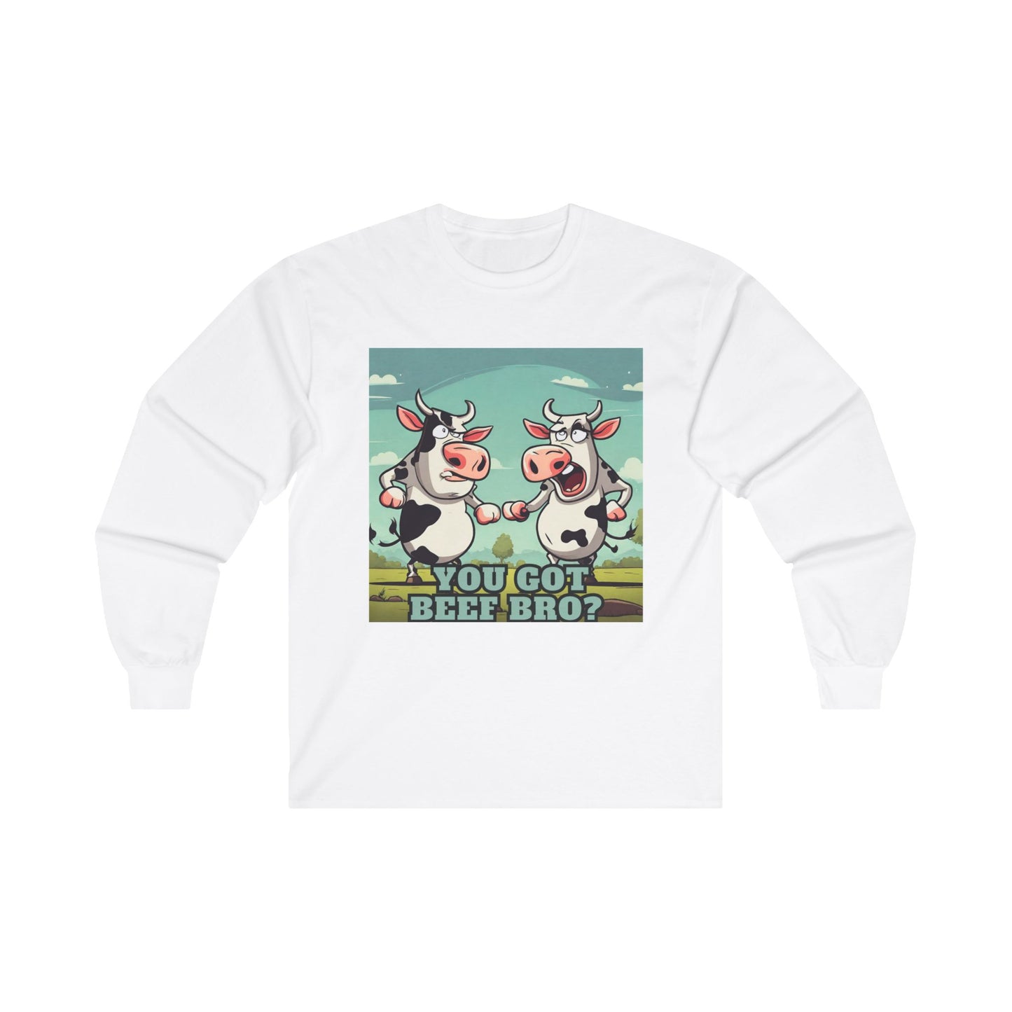 White long sleeve shirt with funny cows front