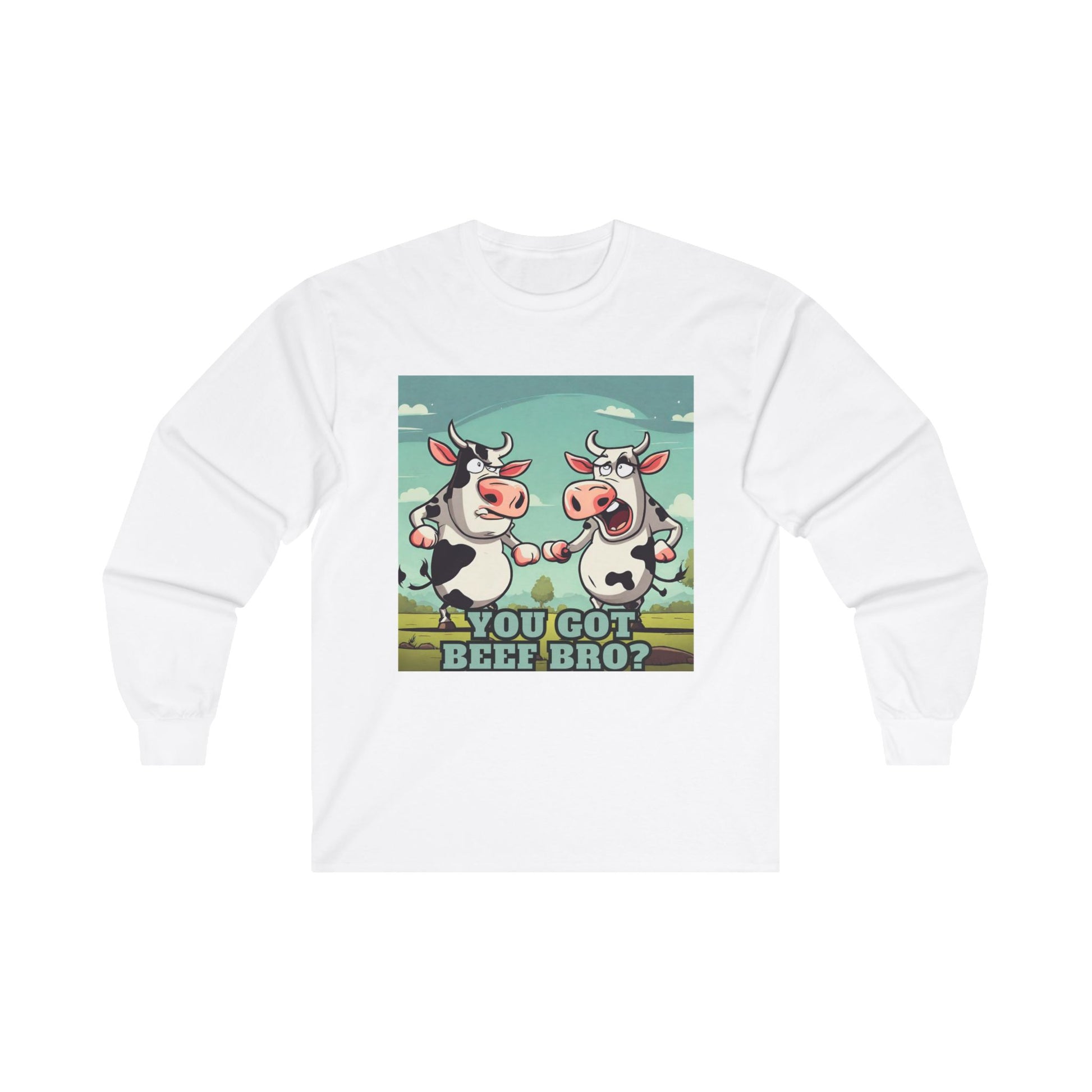 White long sleeve shirt with funny cows front