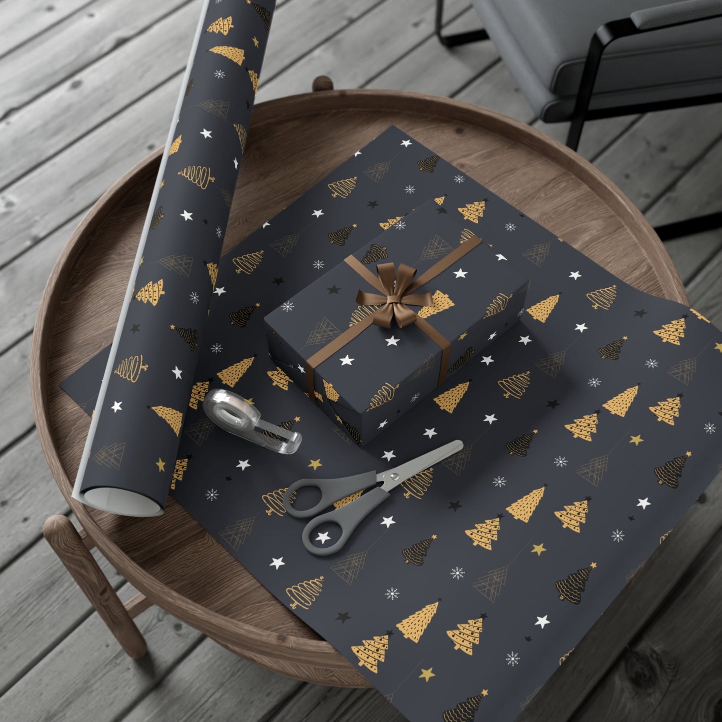 Elegant Black & Gold Holiday Gift Wrap Paper - Christmas Tree & Star Design