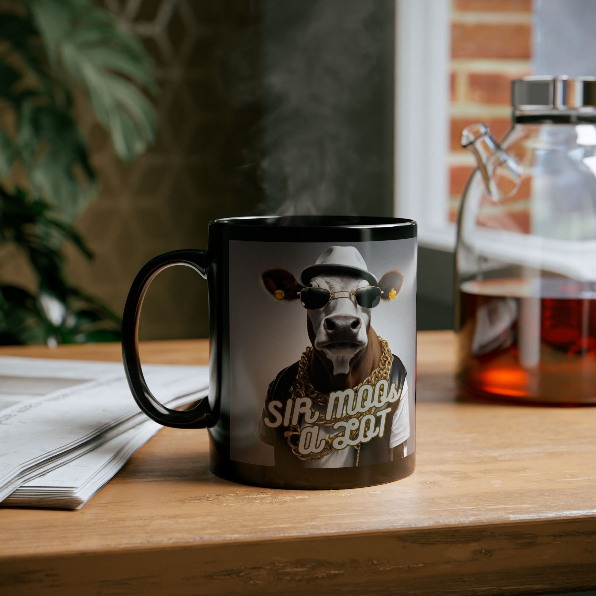 Coffee mug sitting on table with a cow dressed up as a hip hop artist