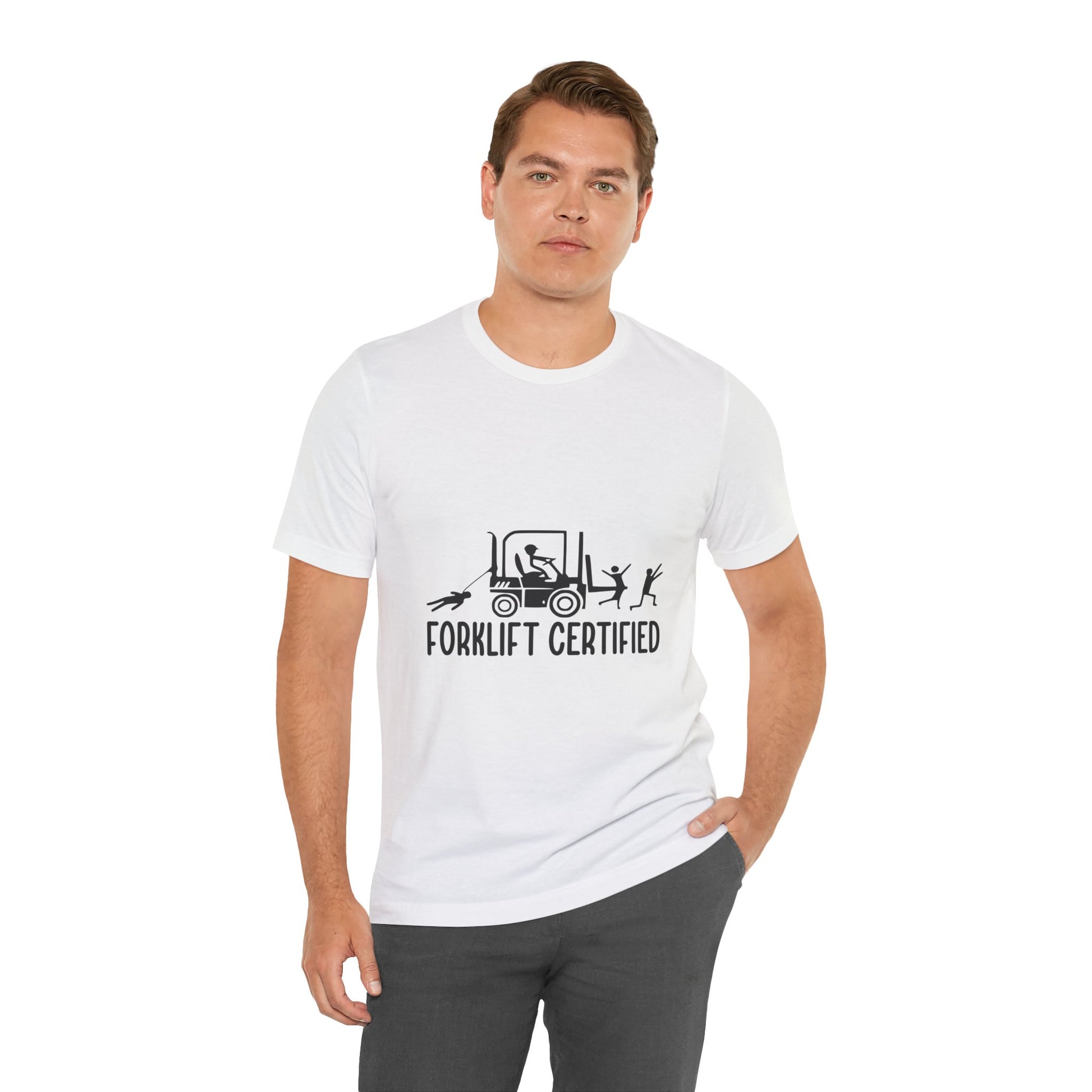 Forklift Certified Unisex Jersey Tee - Fun Work Shirt for Heavy Equipment Operators - aMOOsing Designs