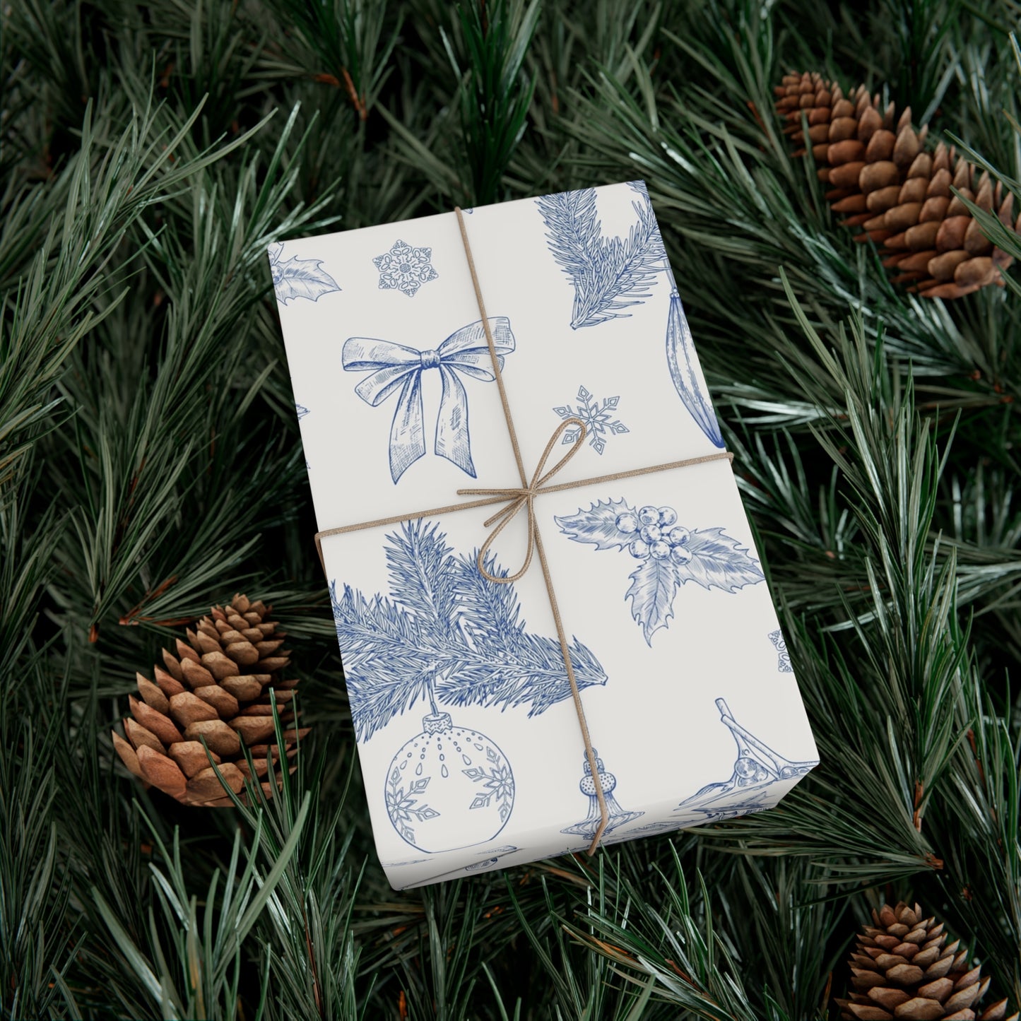 Elegant Winter Gift Wrap Paper – Blue Botanical Design for Holiday Gifting