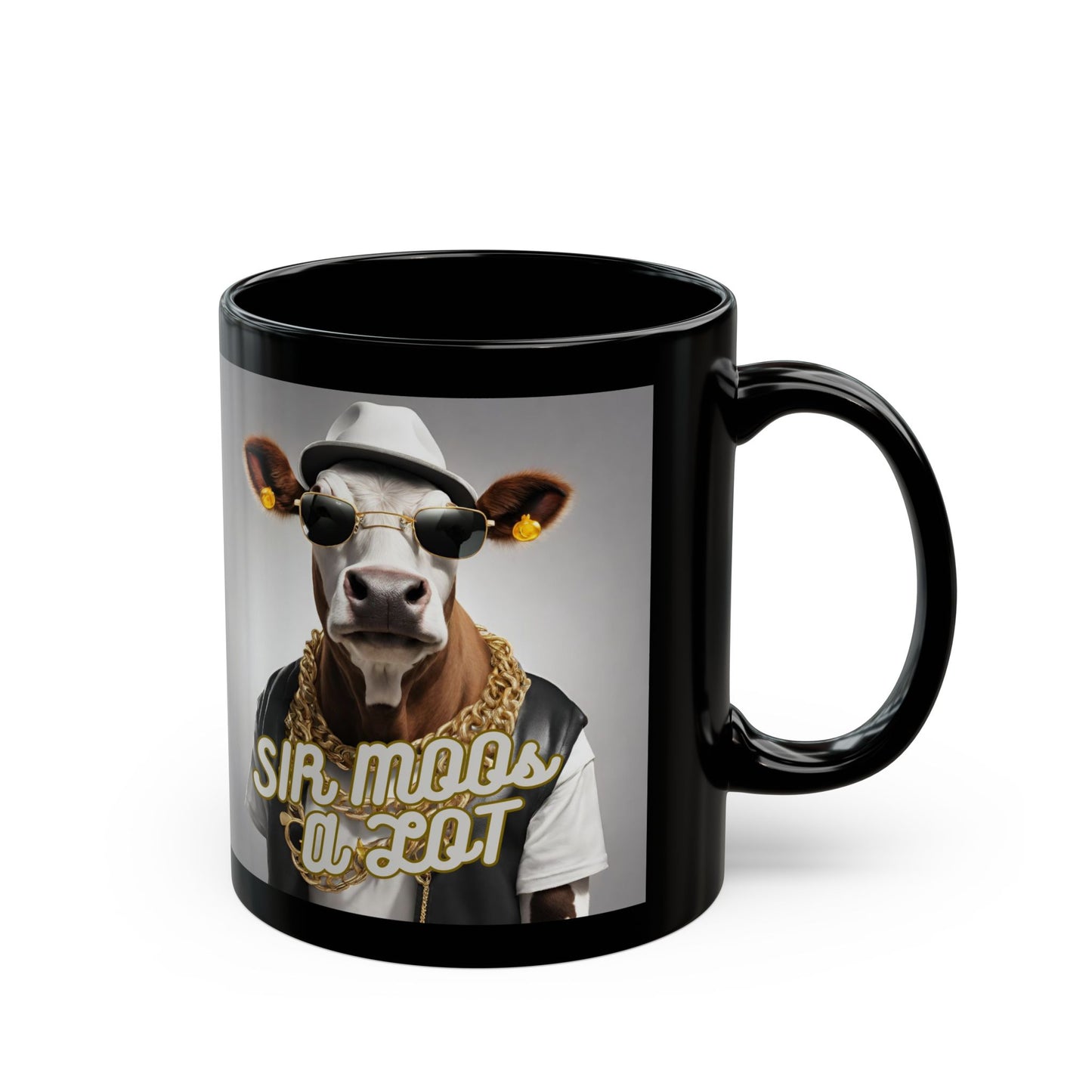 Black Coffee mug with cow dressed as hip hop artist. Right view