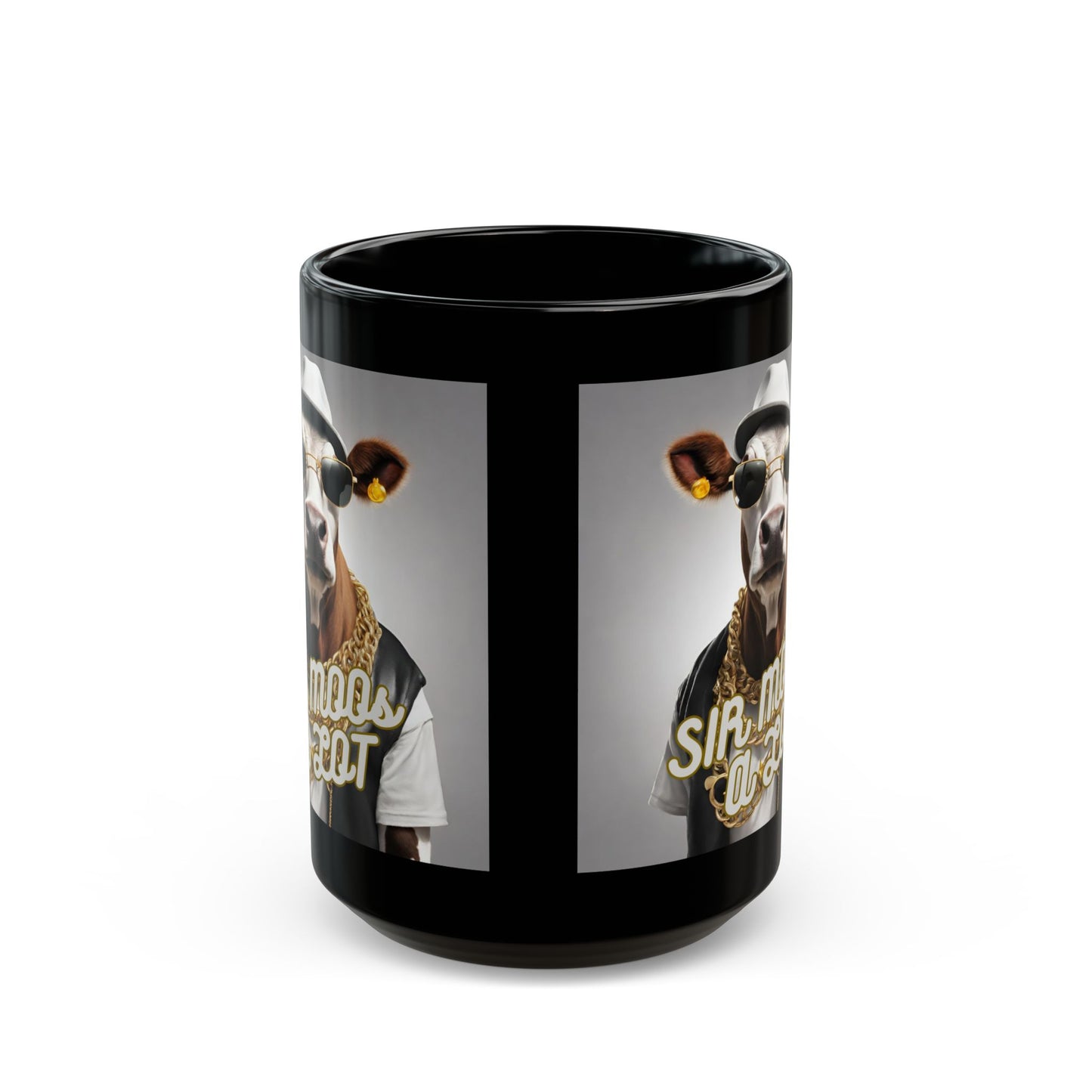 Black Coffee mug with cow dressed as hip hop artist. Front view