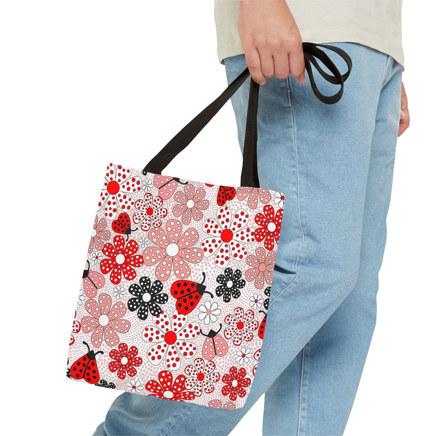 Colorful Floral Tote Bag, Cute Shopping Bag, Spring Gift, Carryall, Ladybug Design, Summer Tote - aMOOsing Designs