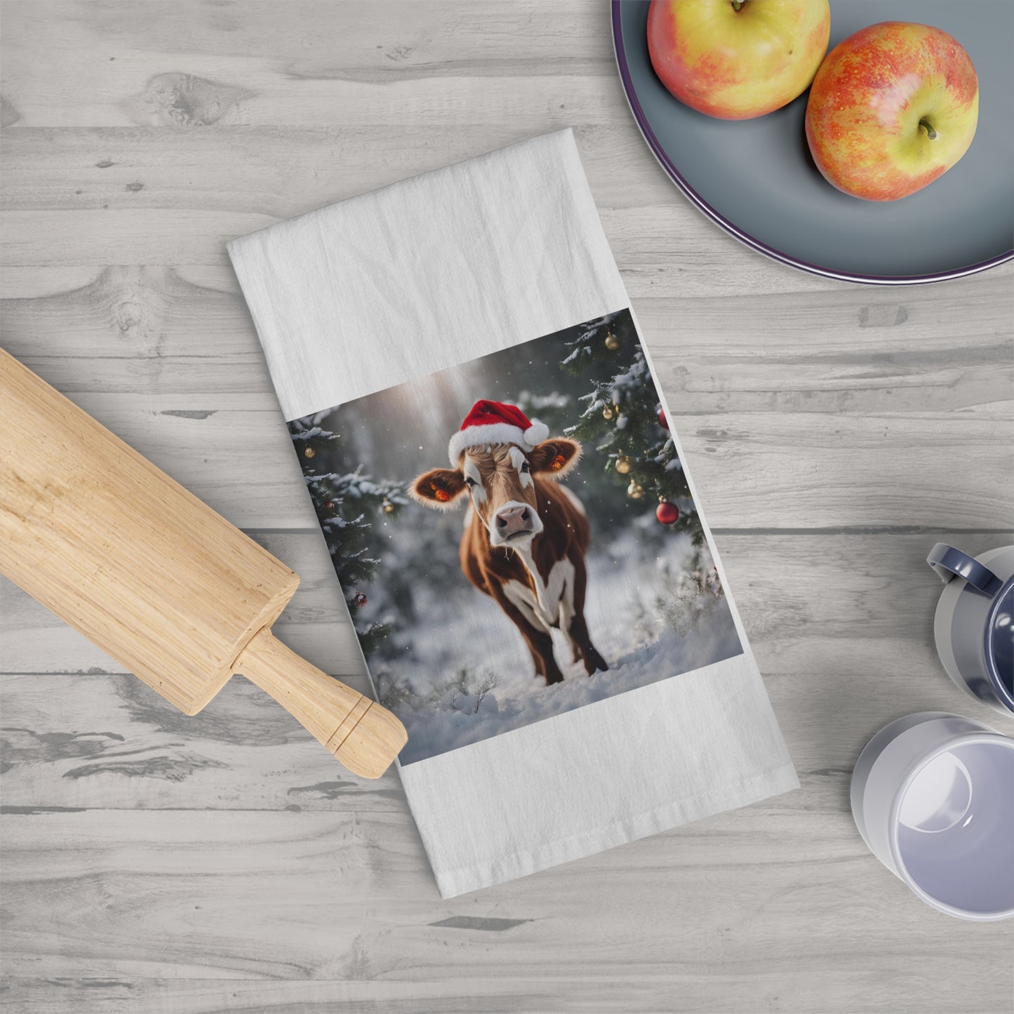 Festive Cow Christmas Tea Towel - Holiday Kitchen Decor