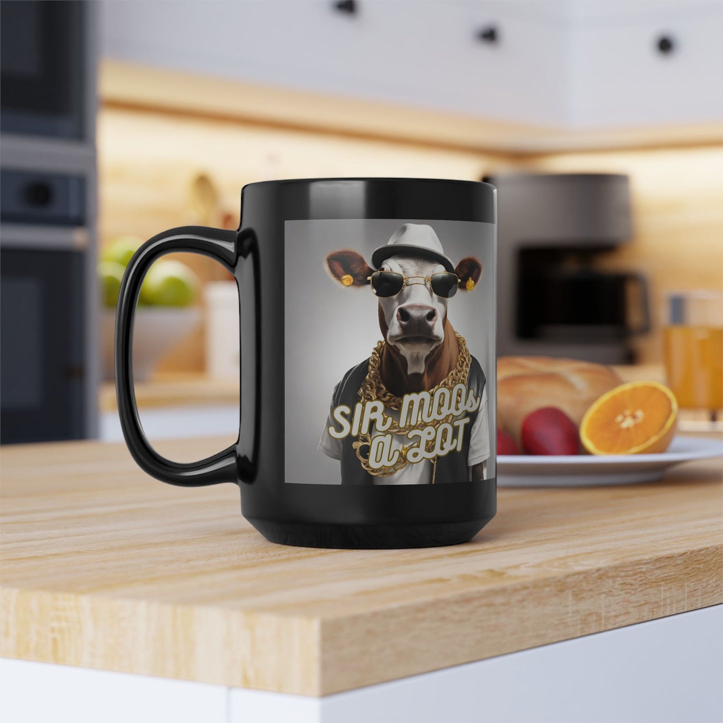 Black Coffee mug with cow dressed as hip hop artist sitting on kitchen counter