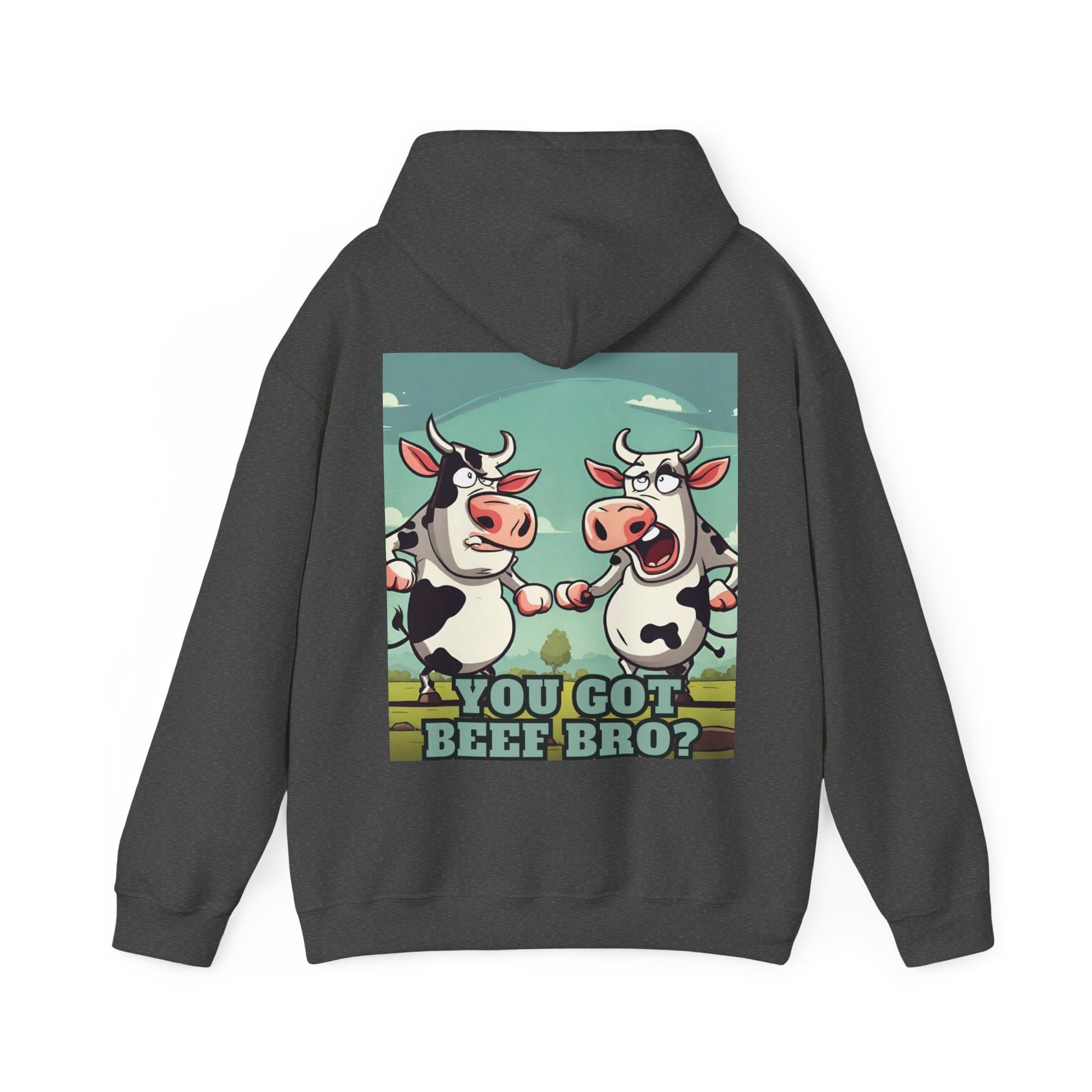 Dark grey hooded sweatshirt with funny cows rear view
