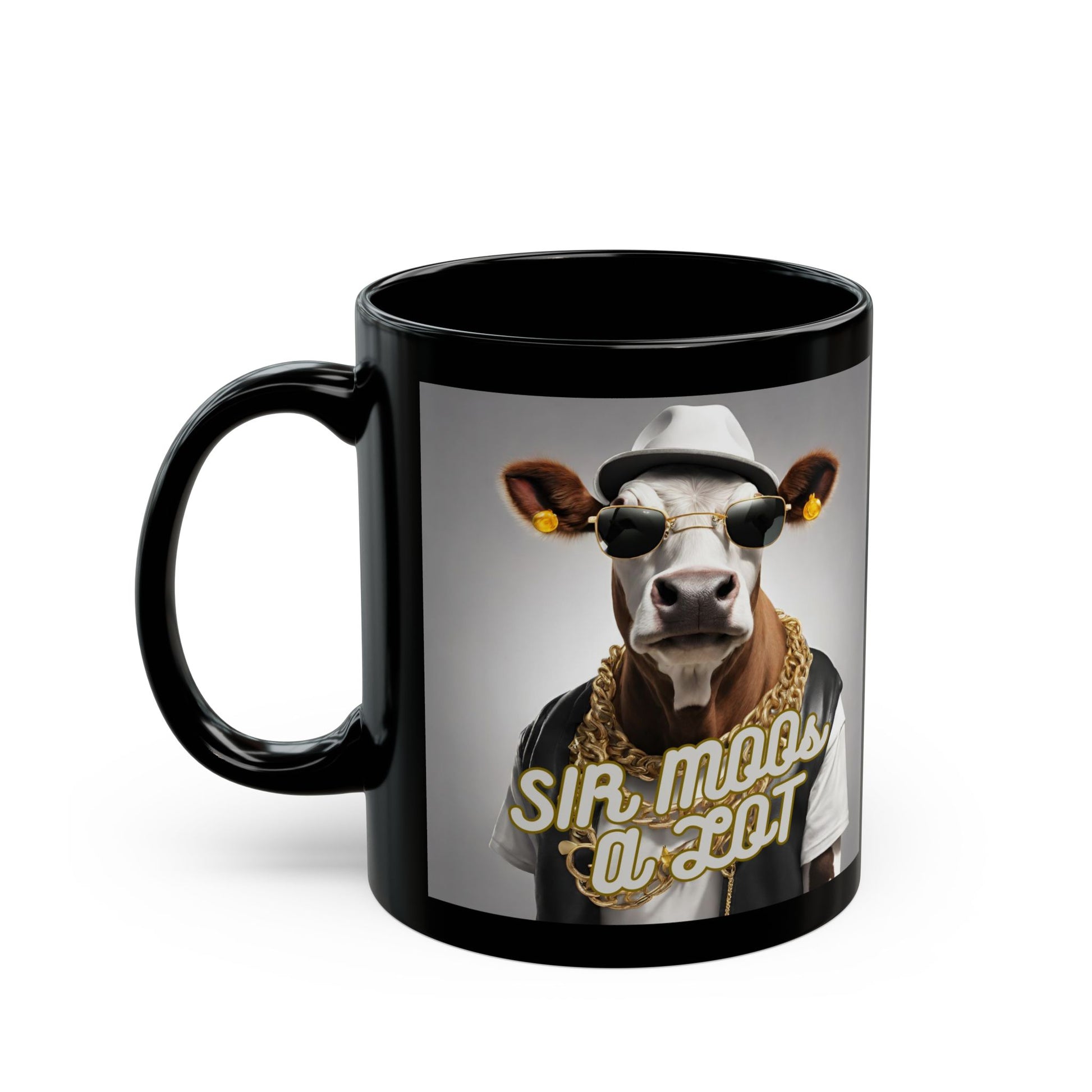 Black Coffee mug with cow dressed as hip hop artist. Left view