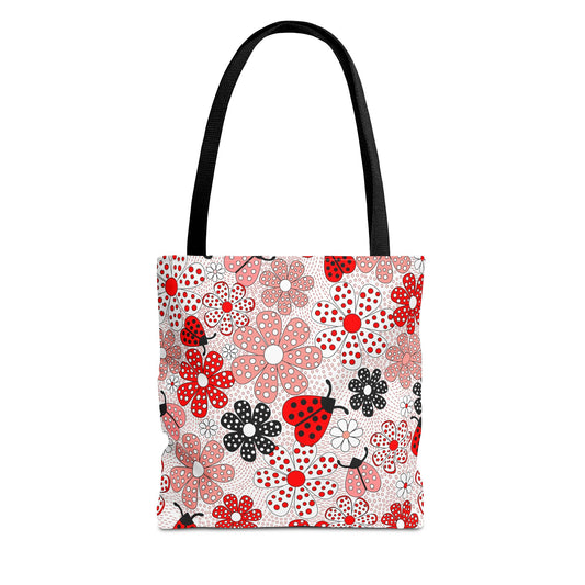 Colorful Floral Tote Bag, Cute Shopping Bag, Spring Gift, Carryall, Ladybug Design, Summer Tote - aMOOsing Designs