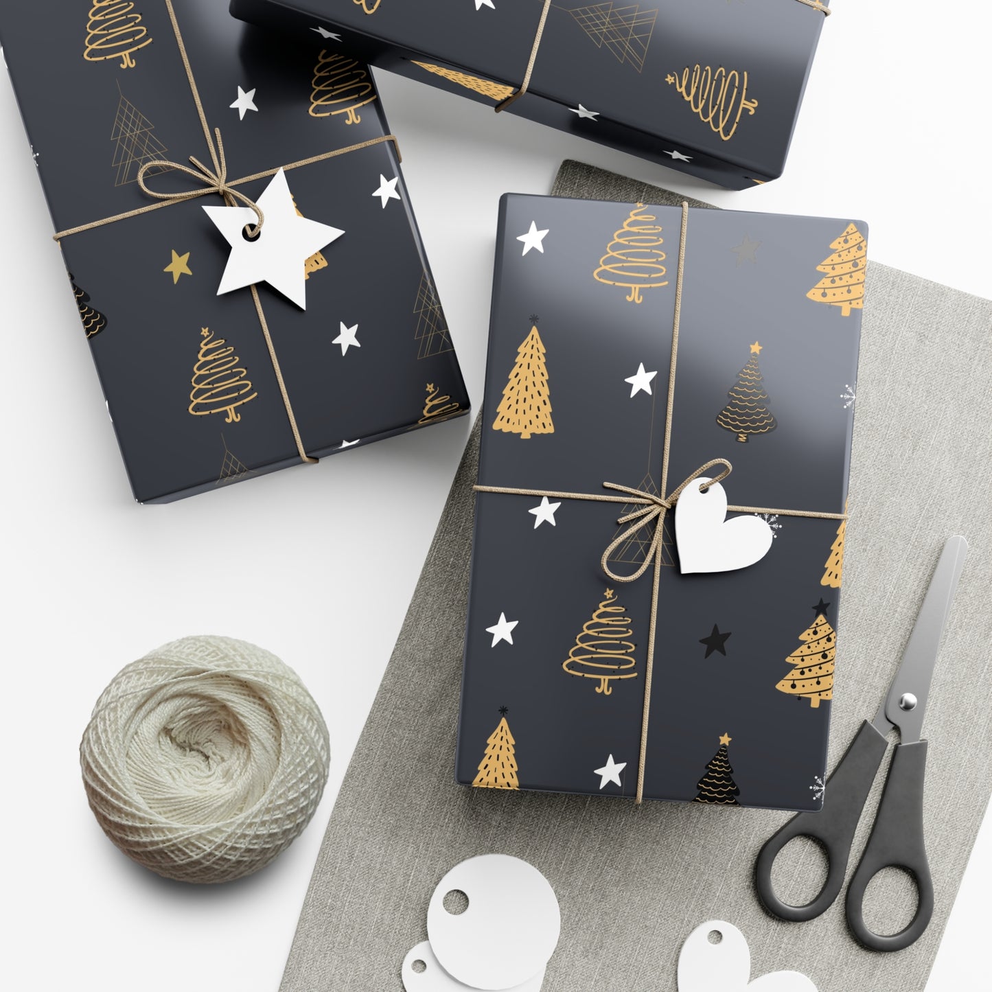 Elegant Black & Gold Holiday Gift Wrap Paper - Christmas Tree & Star Design