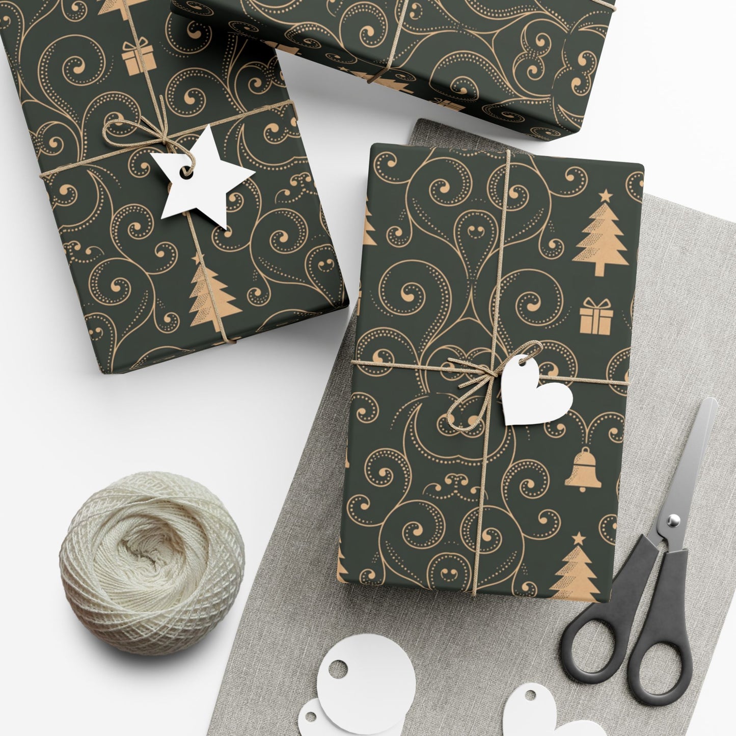 Christmas Tree & Bell Pattern Gift Wrap Paper — Elegant Dark Green Holiday Wrapping