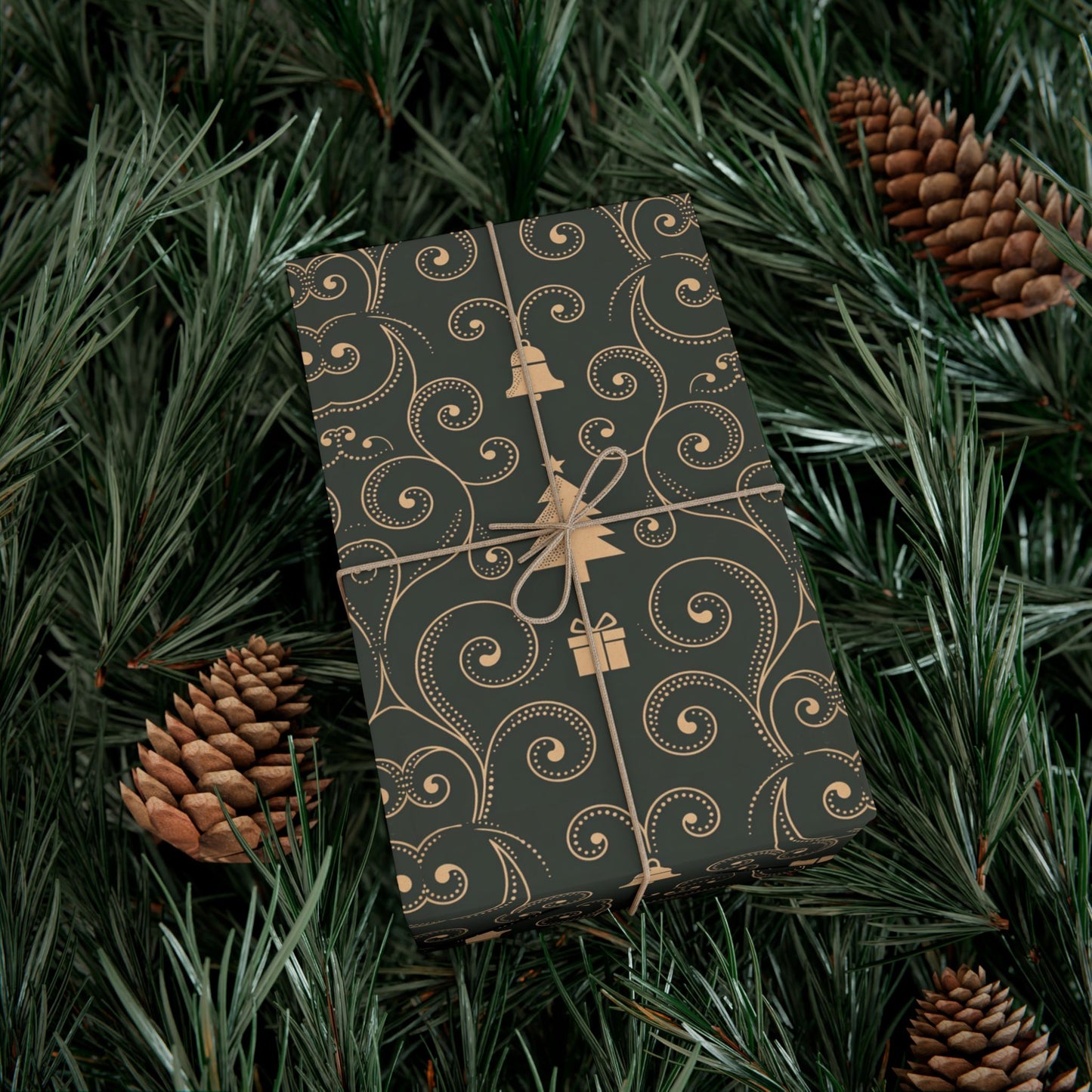 Christmas Tree & Bell Pattern Gift Wrap Paper — Elegant Dark Green Holiday Wrapping