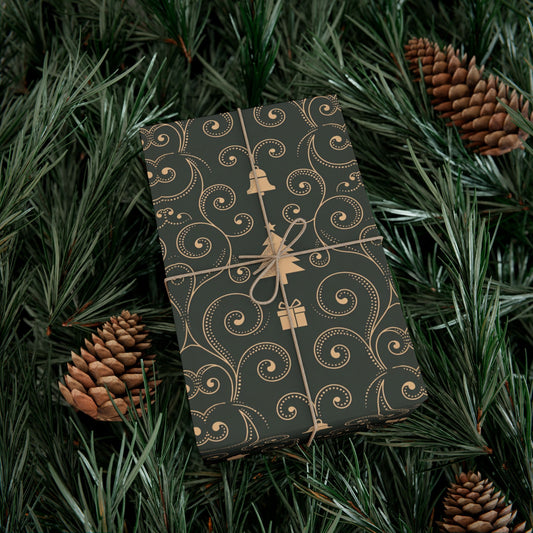 Christmas Tree & Bell Pattern Gift Wrap Paper — Elegant Dark Green Holiday Wrapping