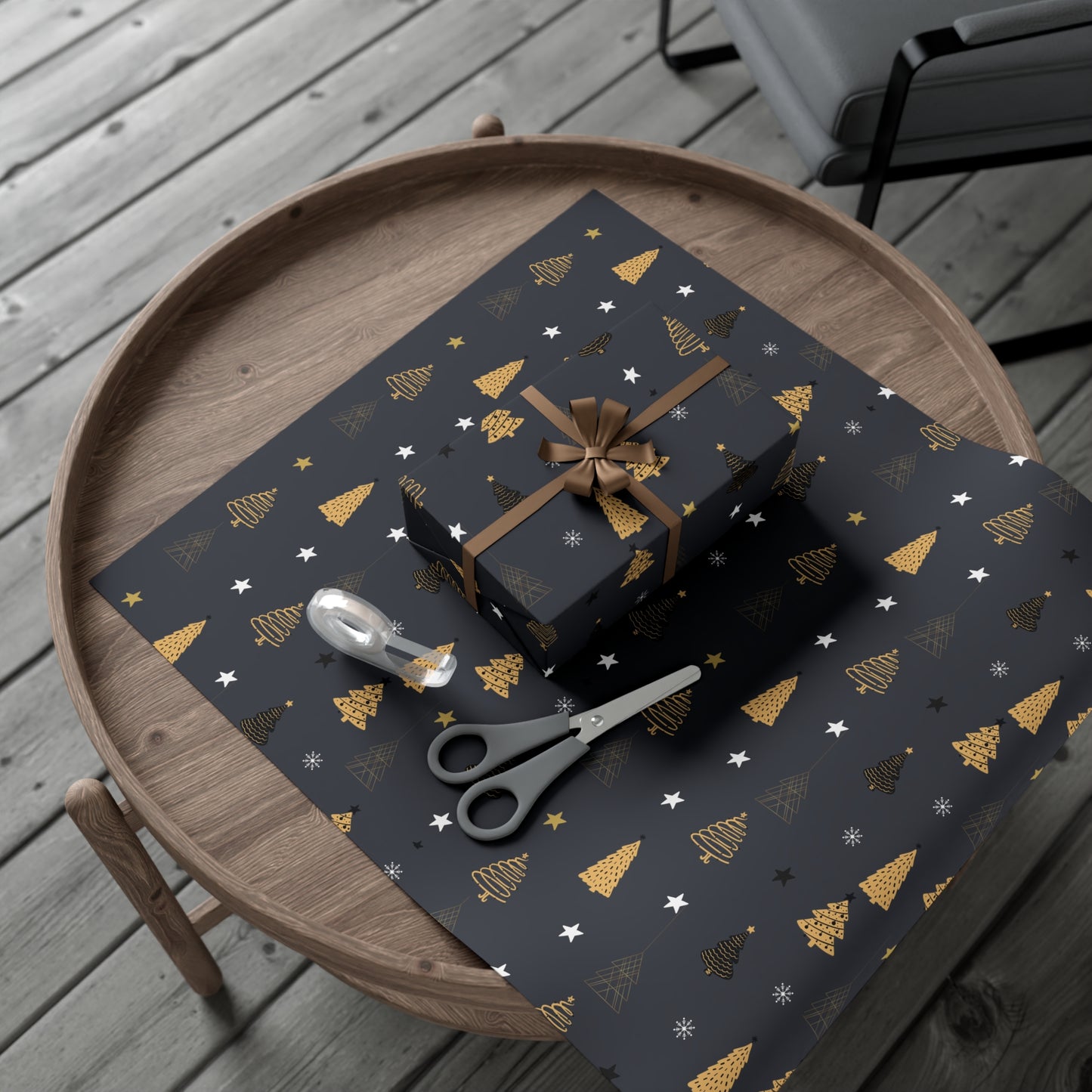 Elegant Black & Gold Holiday Gift Wrap Paper - Christmas Tree & Star Design