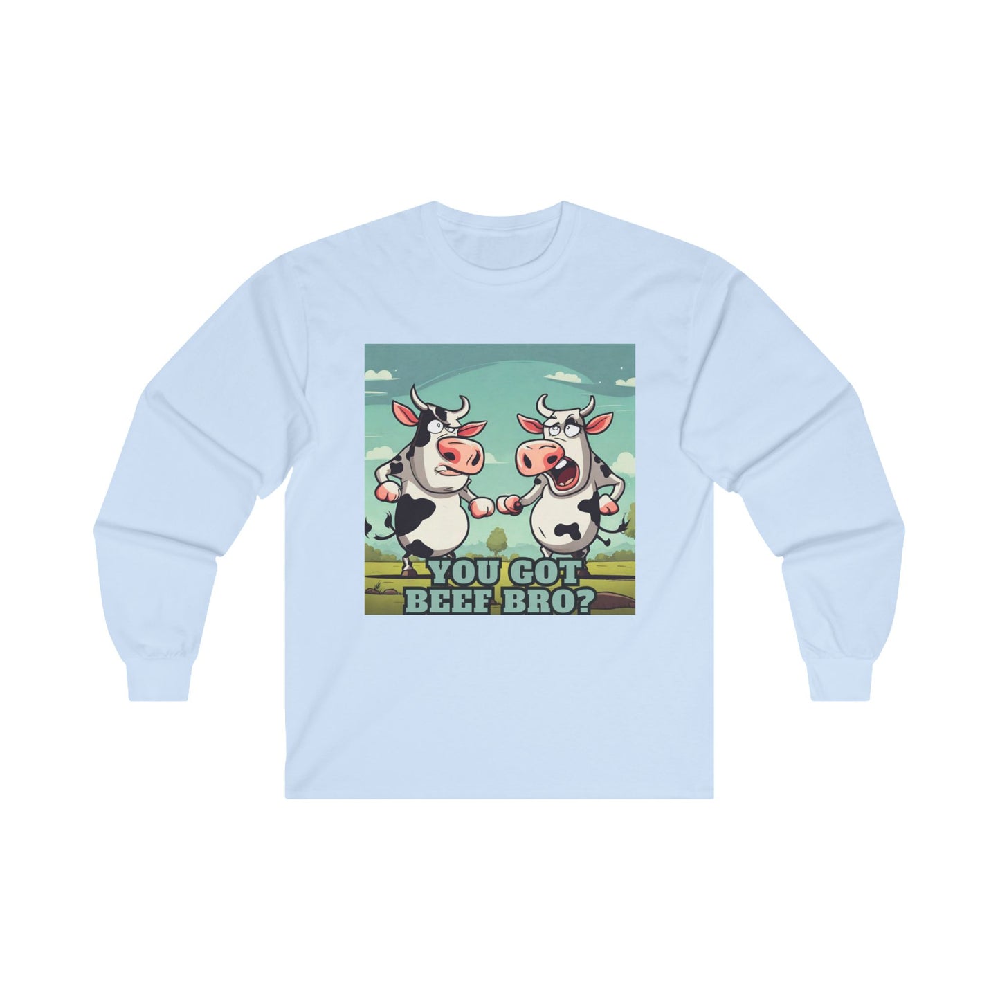 Light blue long sleeve shirt with funny cows front