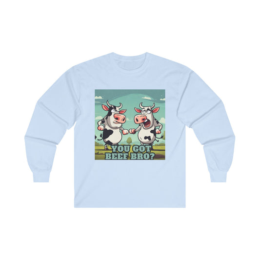 Light blue long sleeve shirt with funny cows front