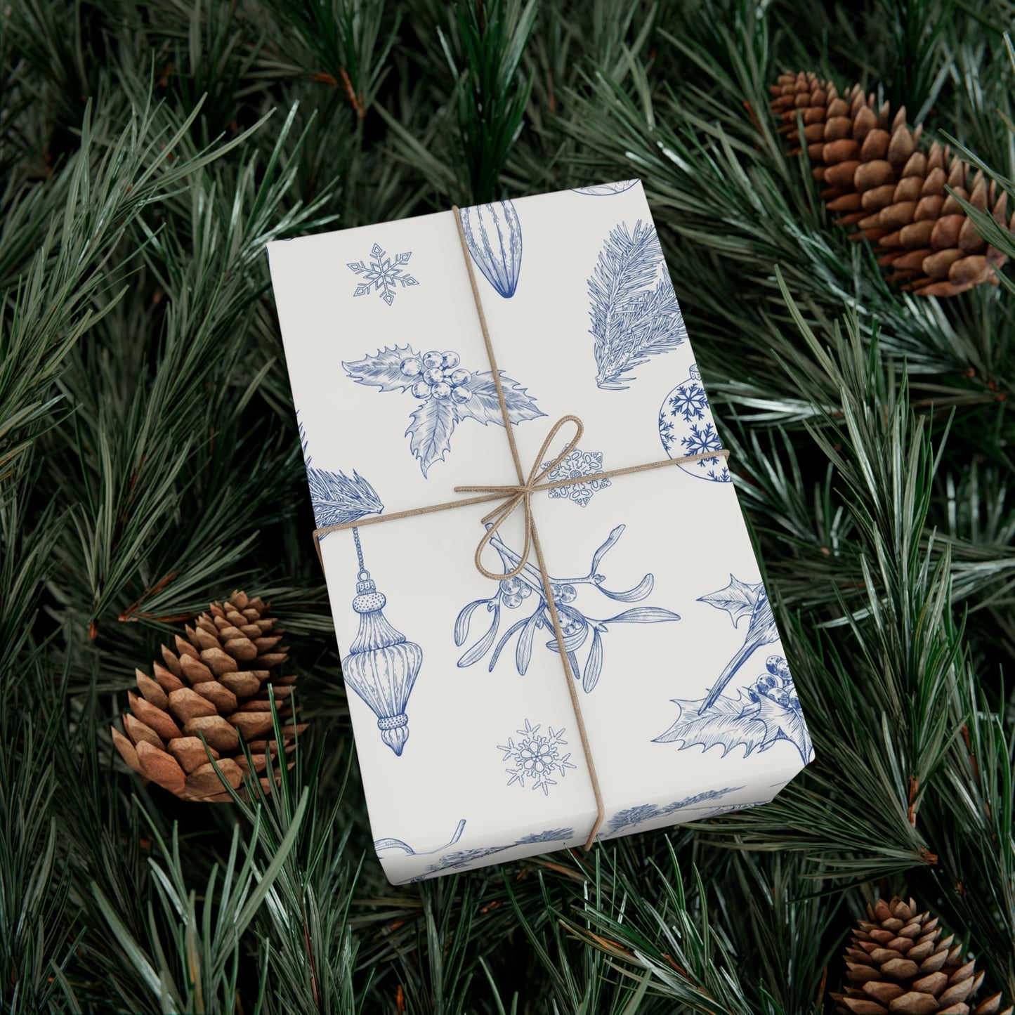 Elegant Winter Gift Wrap Paper – Blue Botanical Design for Holiday Gifting