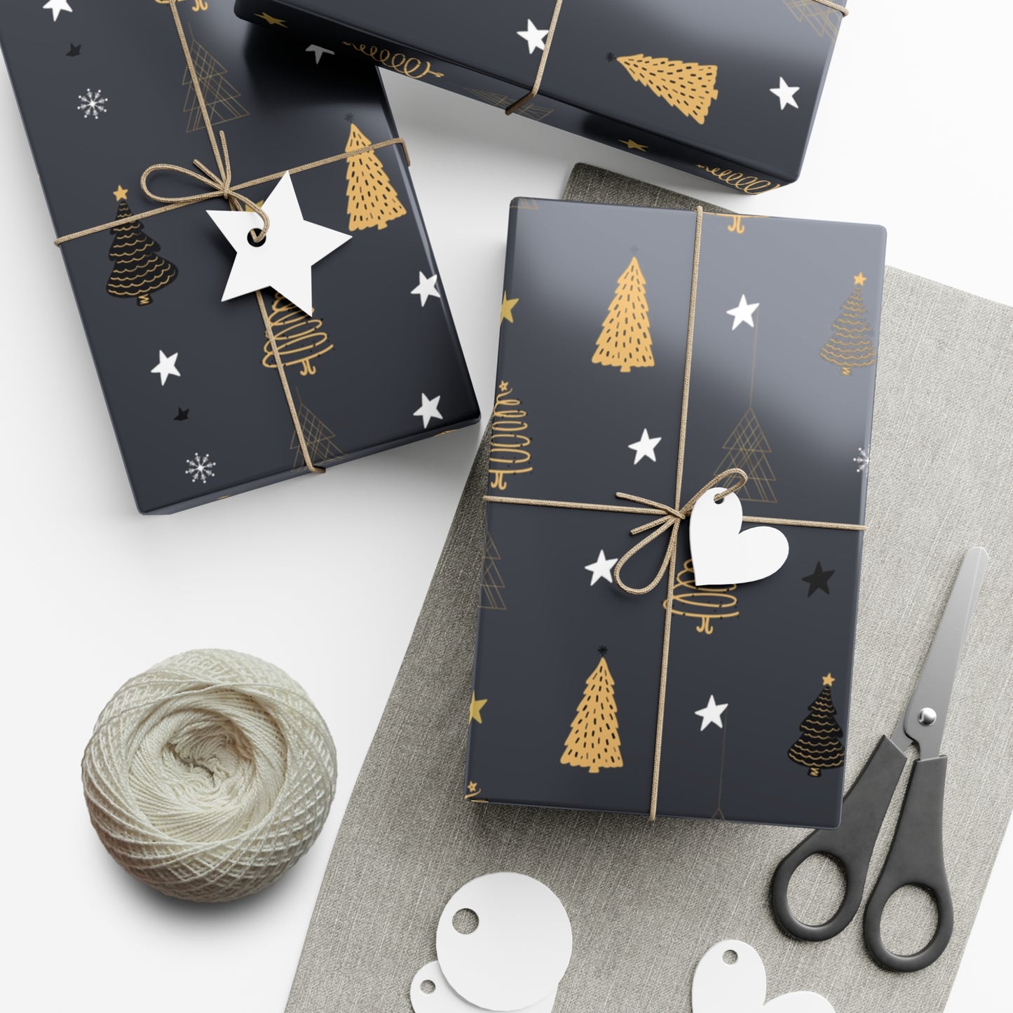 Elegant Black & Gold Holiday Gift Wrap Paper - Christmas Tree & Star Design