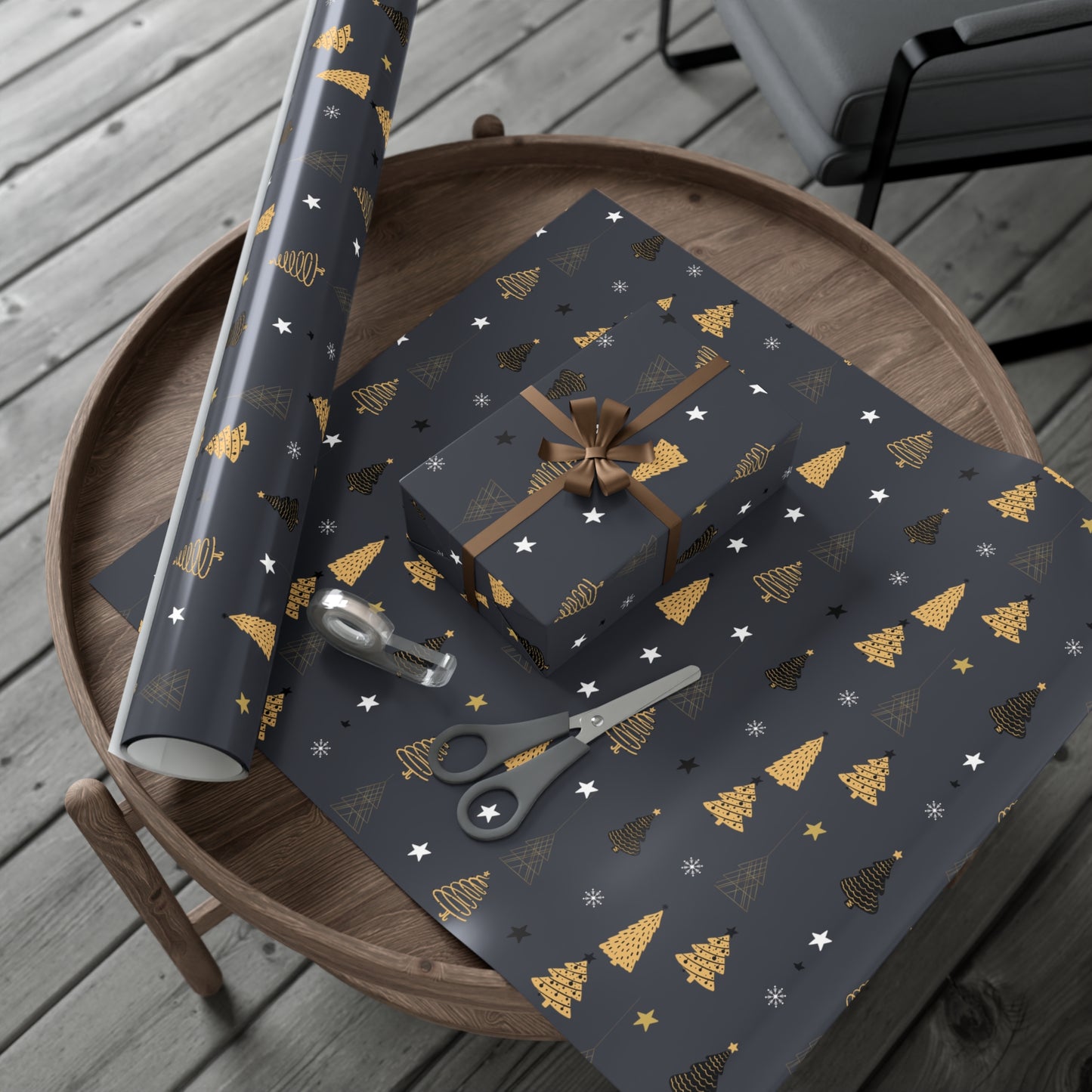 Elegant Black & Gold Holiday Gift Wrap Paper - Christmas Tree & Star Design