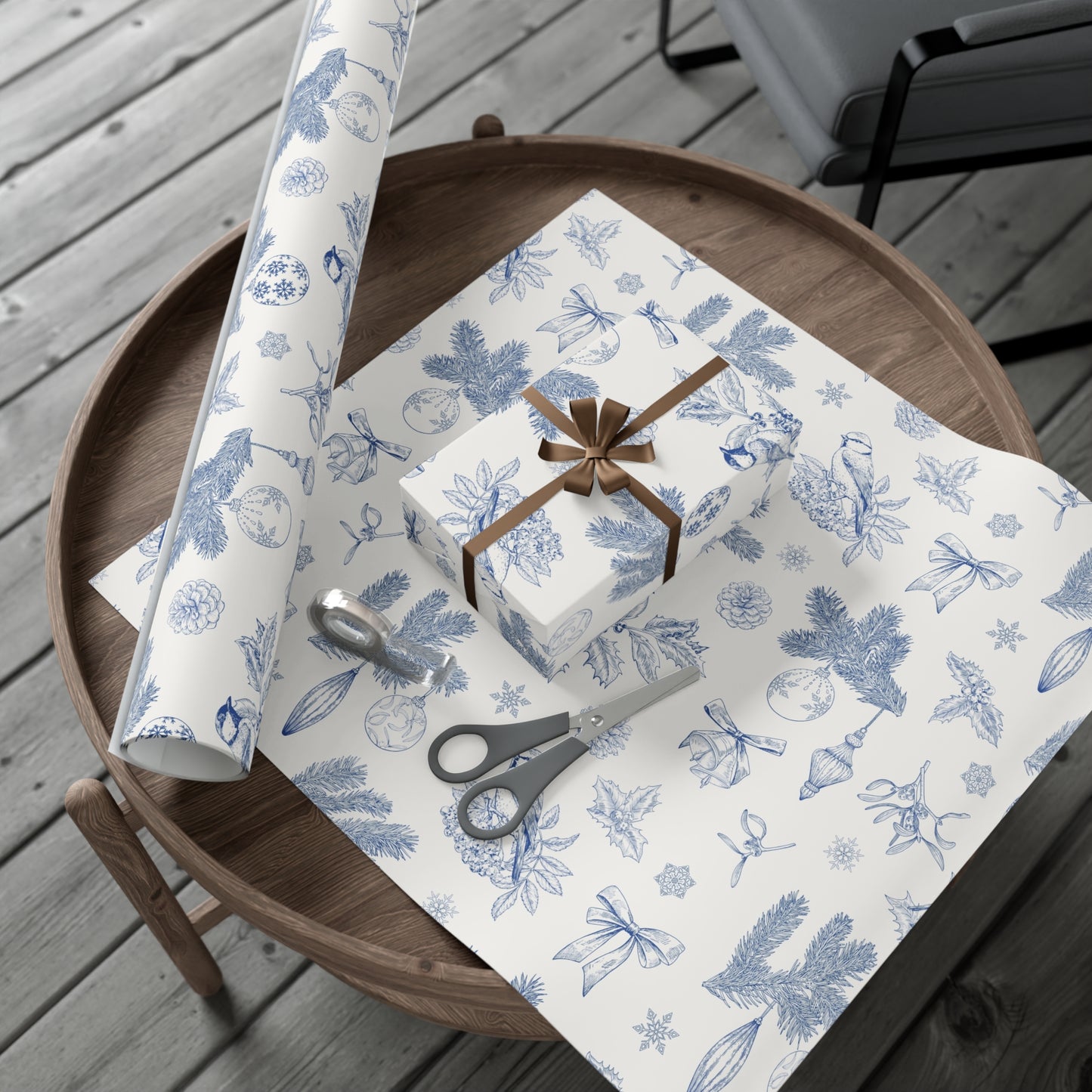 Elegant Winter Gift Wrap Paper – Blue Botanical Design for Holiday Gifting