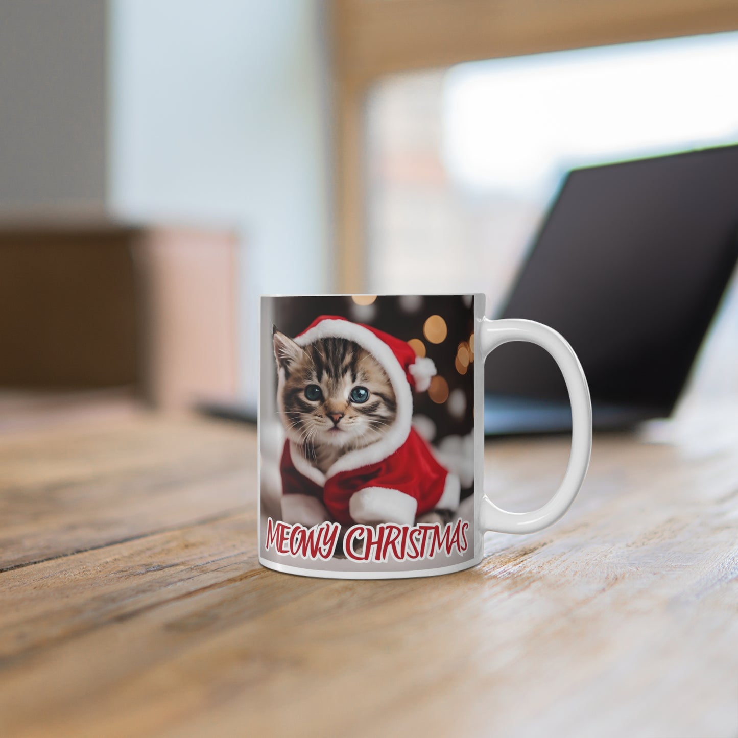 Meowy Christmas Cat Mug - 11oz Ceramic Coffee Cup for Cat Lovers