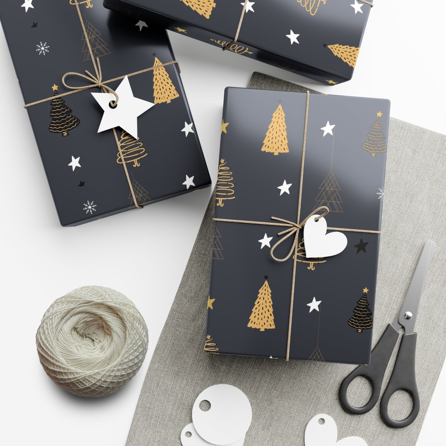 Elegant Black & Gold Holiday Gift Wrap Paper - Christmas Tree & Star Design