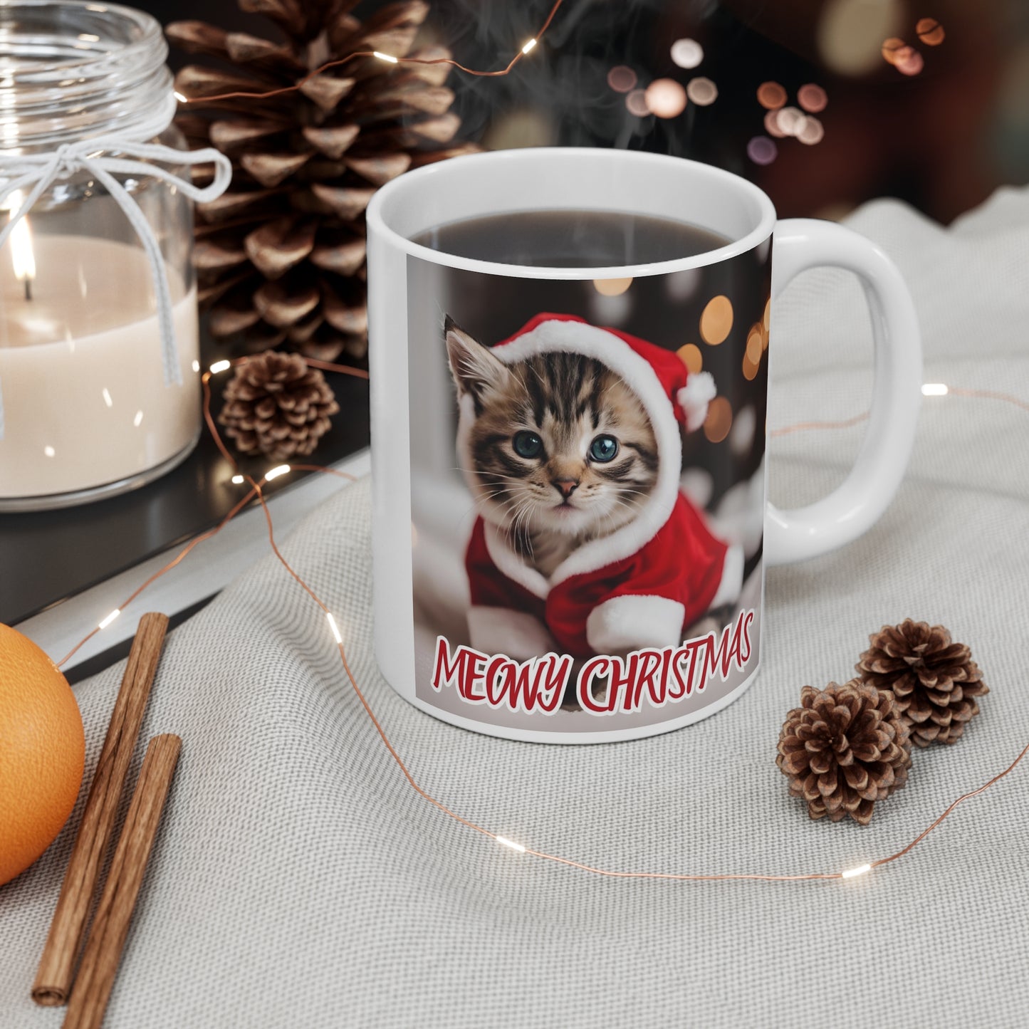 Meowy Christmas Cat Mug - 11oz Ceramic Coffee Cup for Cat Lovers