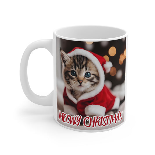 Meowy Christmas Cat Mug - 11oz Ceramic Coffee Cup for Cat Lovers