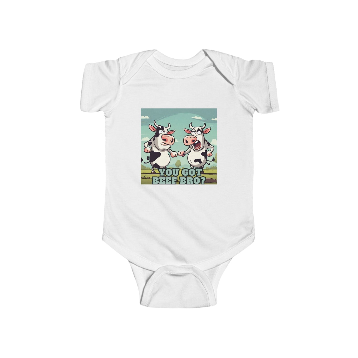 White Baby onesie with funny cows