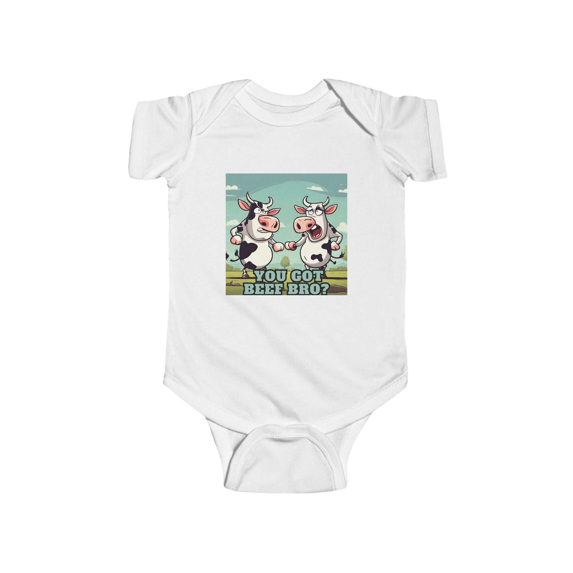 White Baby onesie with funny cows