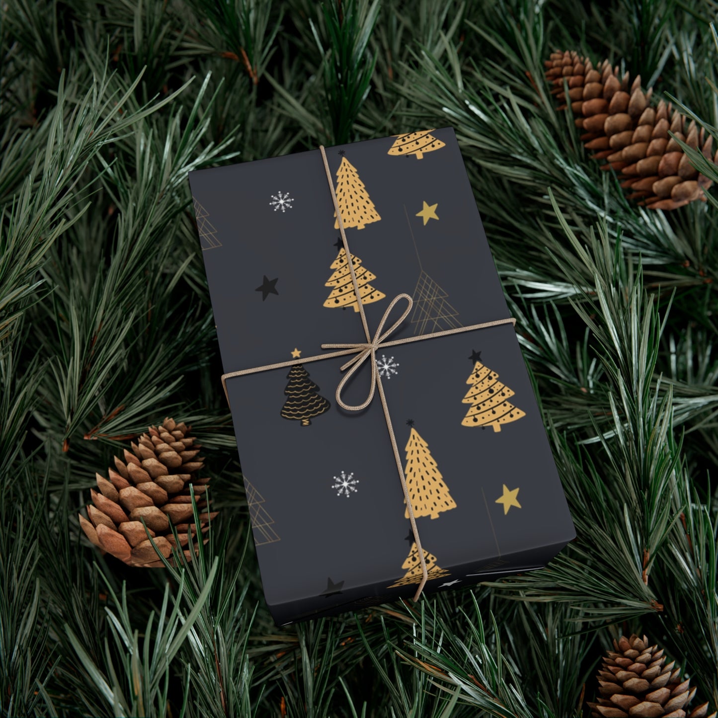 Elegant Black & Gold Holiday Gift Wrap Paper - Christmas Tree & Star Design