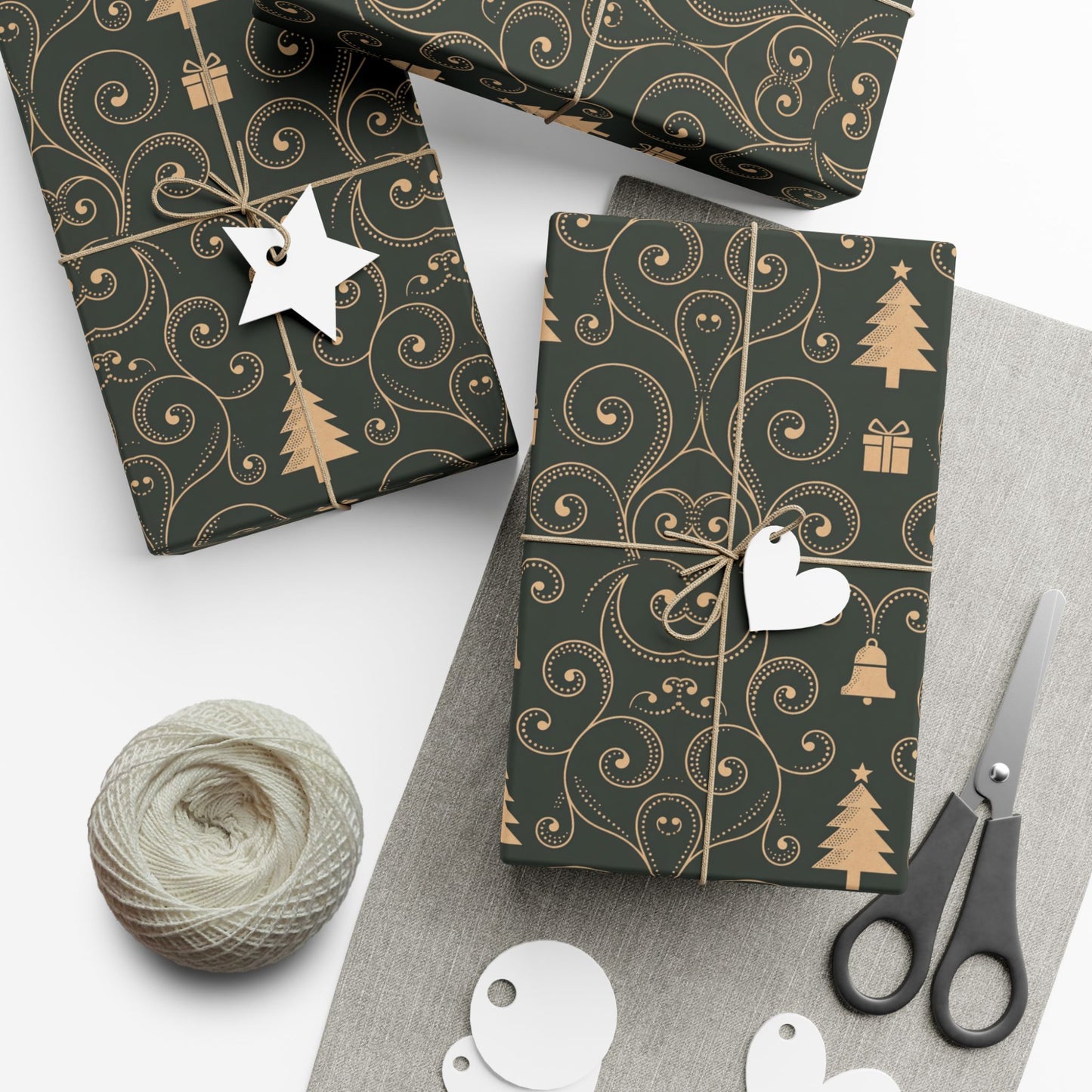 Christmas Tree & Bell Pattern Gift Wrap Paper — Elegant Dark Green Holiday Wrapping