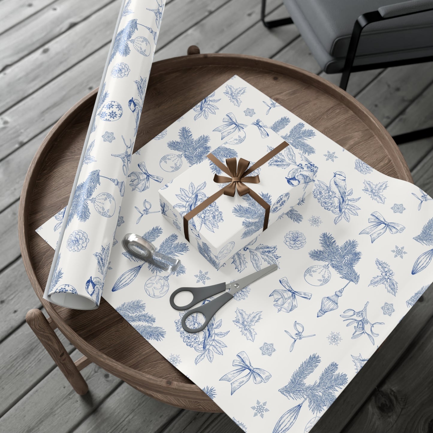 Elegant Winter Gift Wrap Paper – Blue Botanical Design for Holiday Gifting